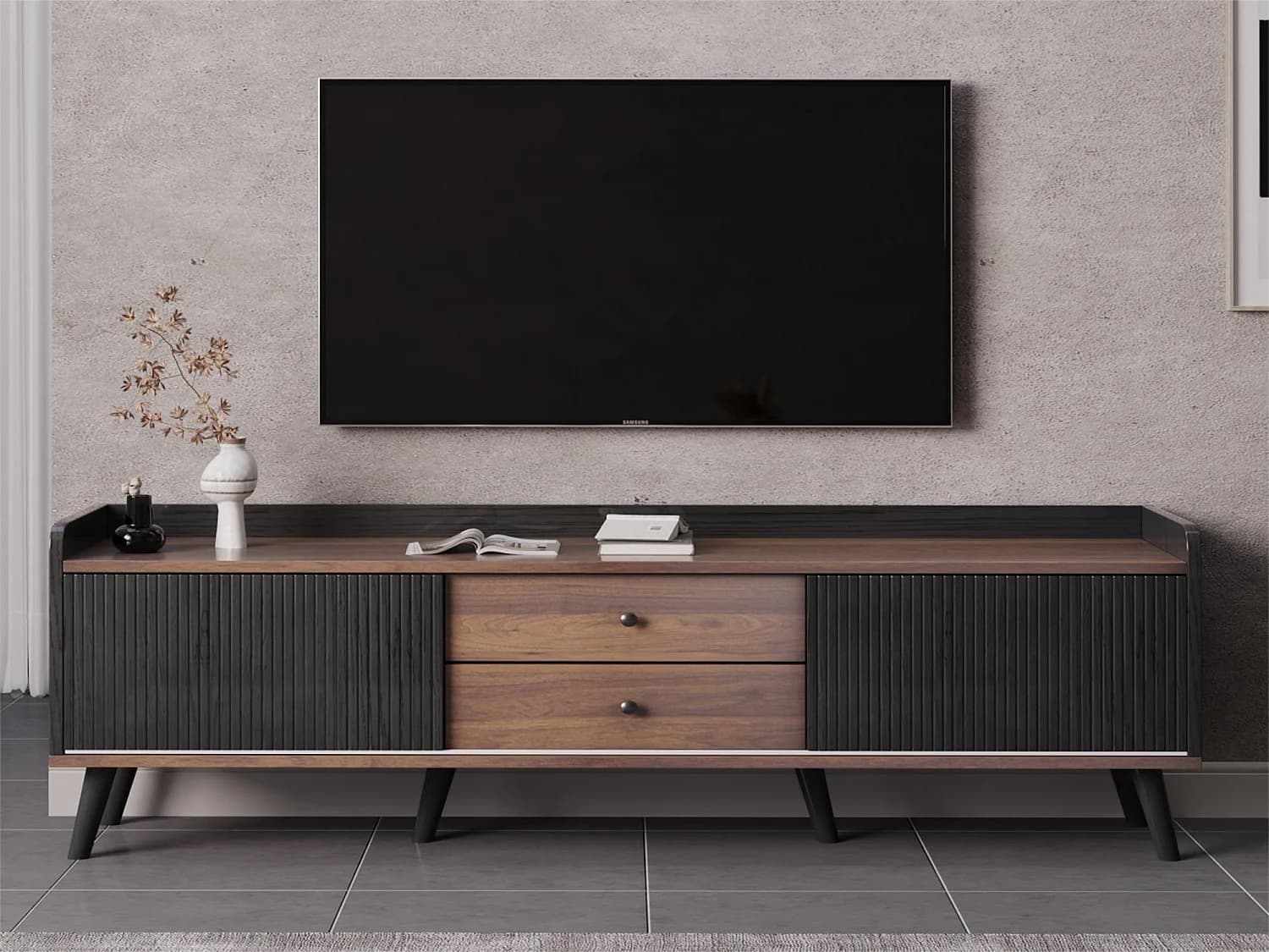 Meuble TV avec 2 tiroirs et 2 portes coulissantes - style moderne - coloris: noir et naturel