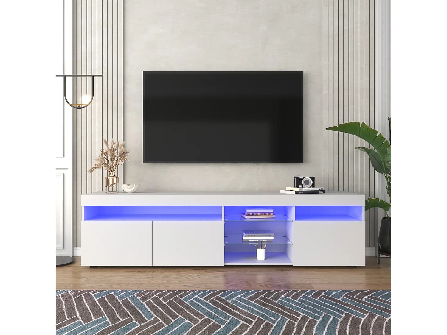 Meuble TV moderne avec 3 portes 2 tiroirs & 2 niches - LEDs - longueur 180cm - pour salon - laqué blanc