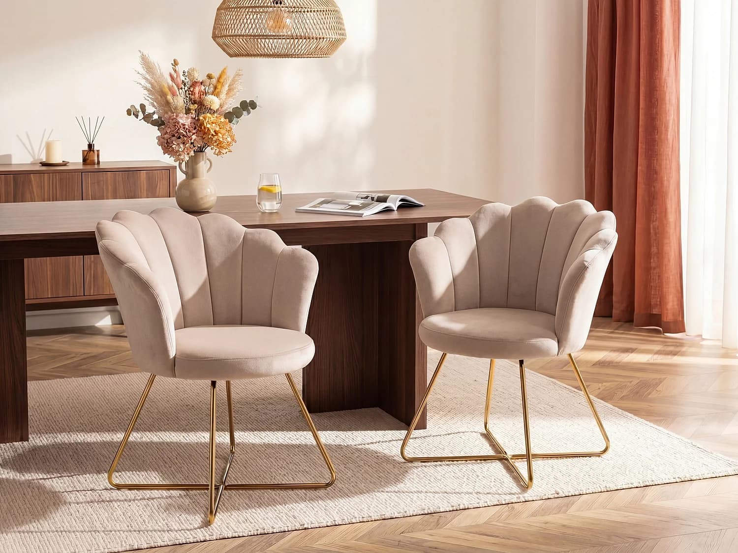 Lot de 2 chaises en velours et métal - Beige et doré - FIORI II