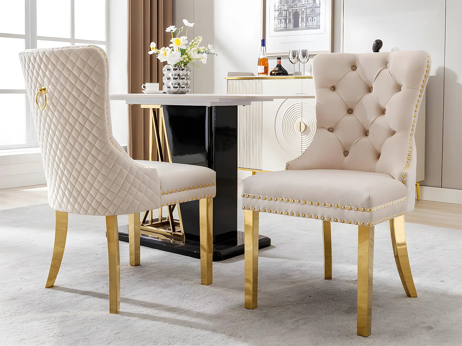 Lot de 2 chaises en velours avec pieds métallique - Beige