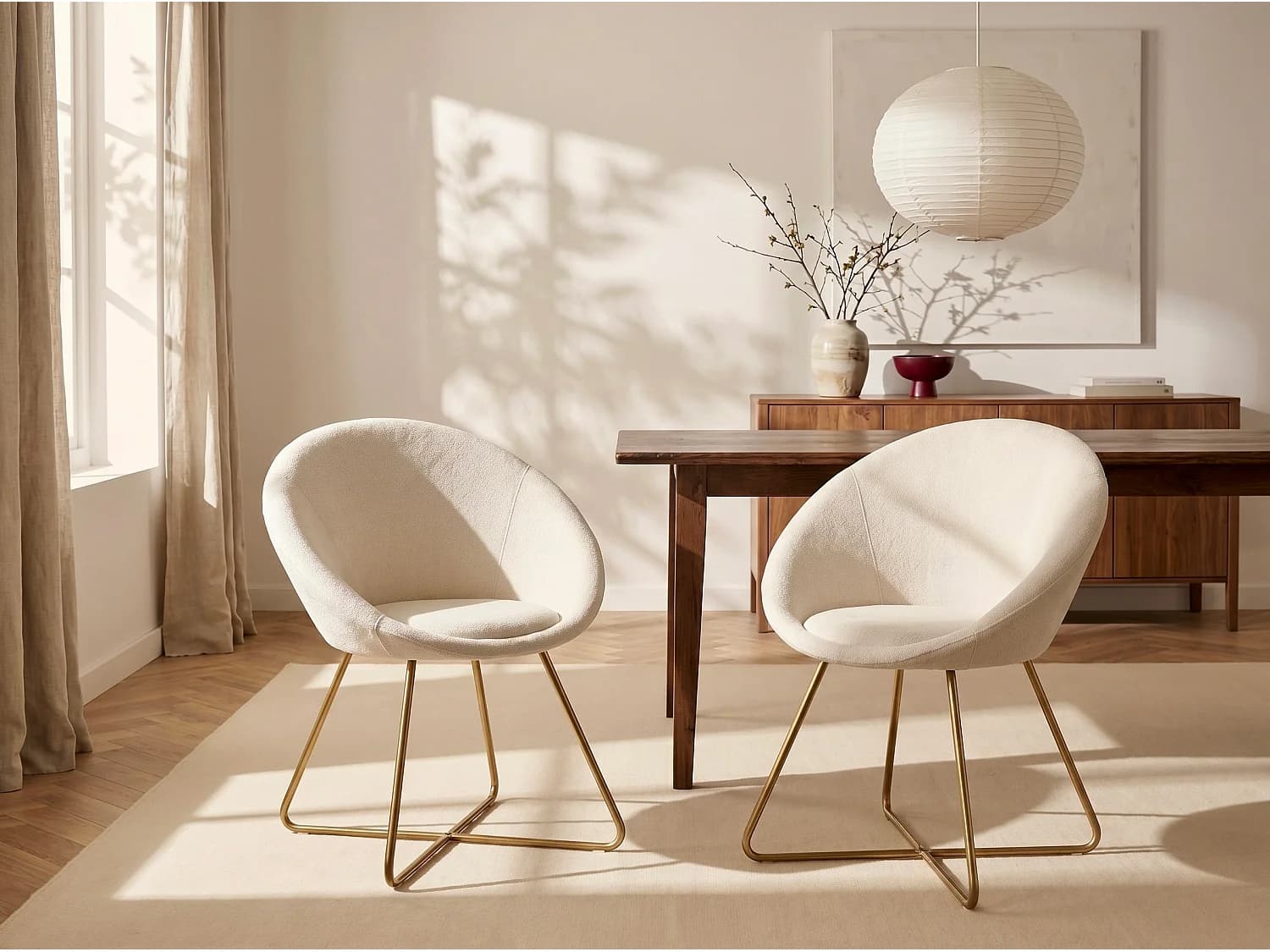 Lot de 2 chaises en tissu bouclette et métal doré - Blanc - BURBAN