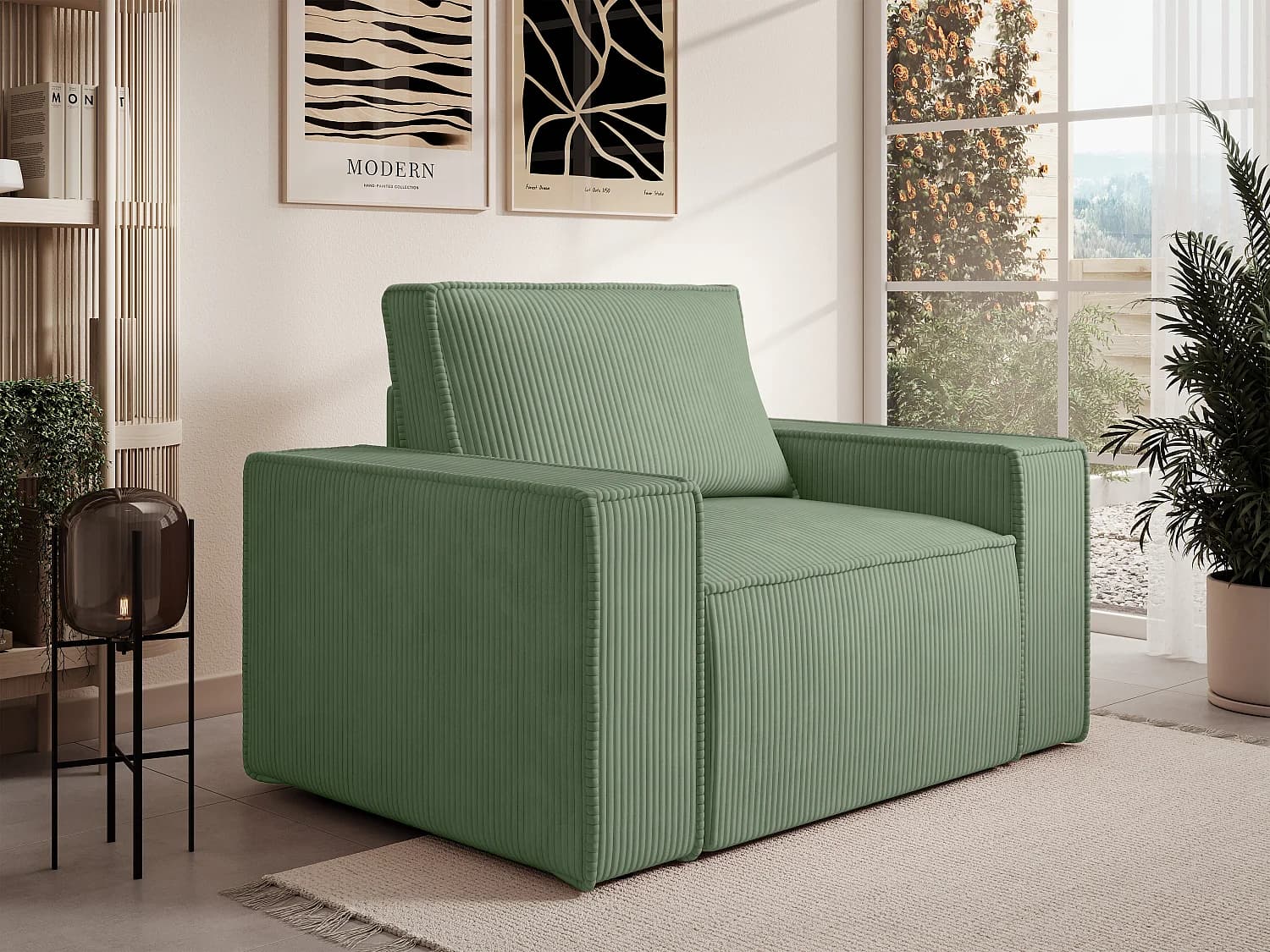 Fauteuil en velours côtelé vert amande AMELIA