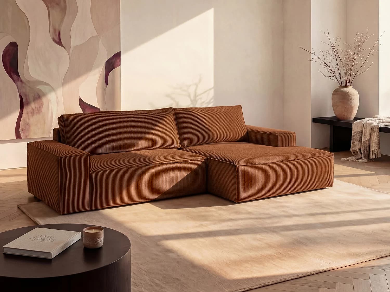 Canapé d'angle droit convertible en velours côtelé terracotta AMELIA