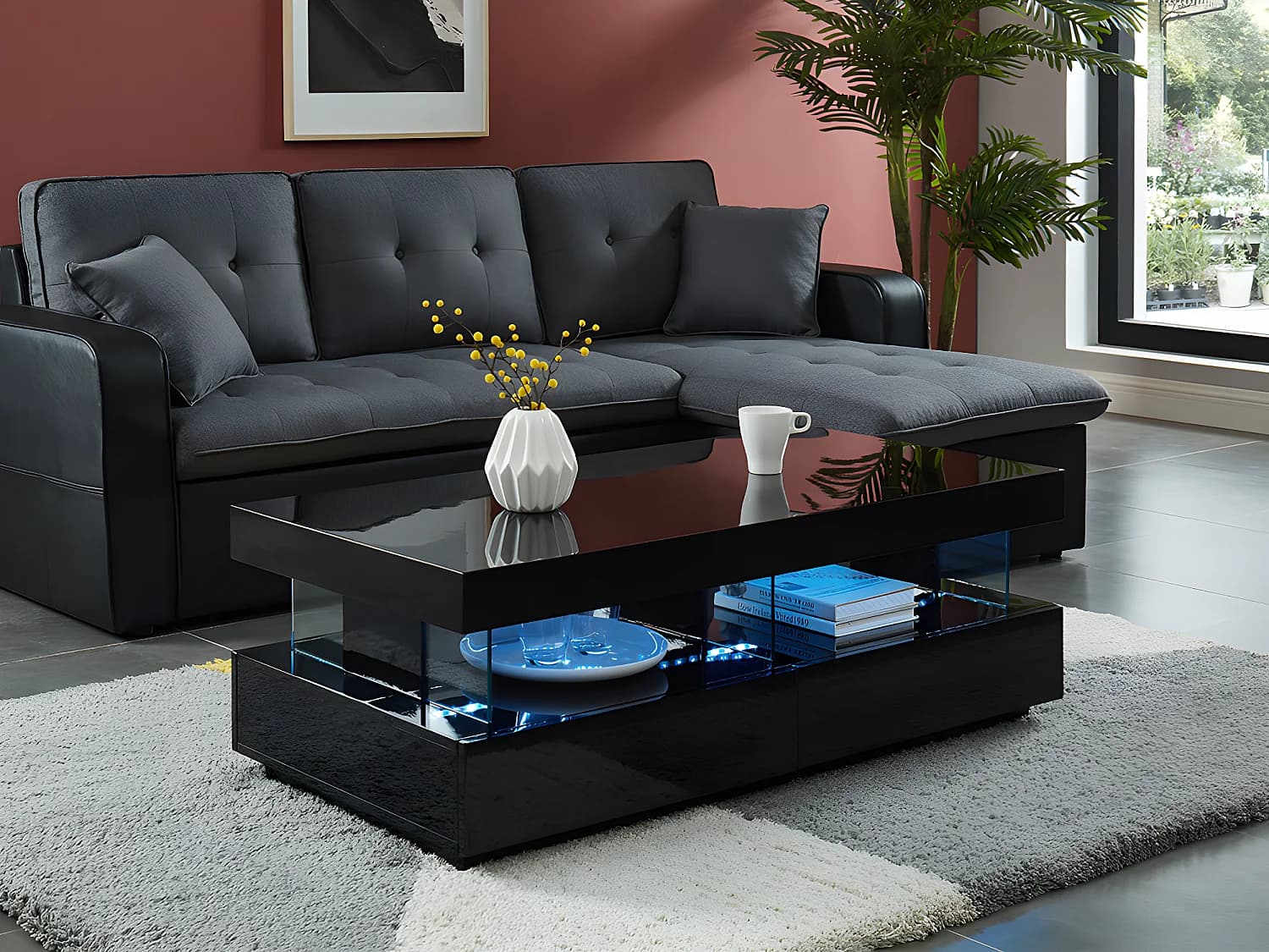 Table basse 2 tiroirs et 2 niches avec LEDs - MDF et verre trempé - Noir laqué - FABIO II