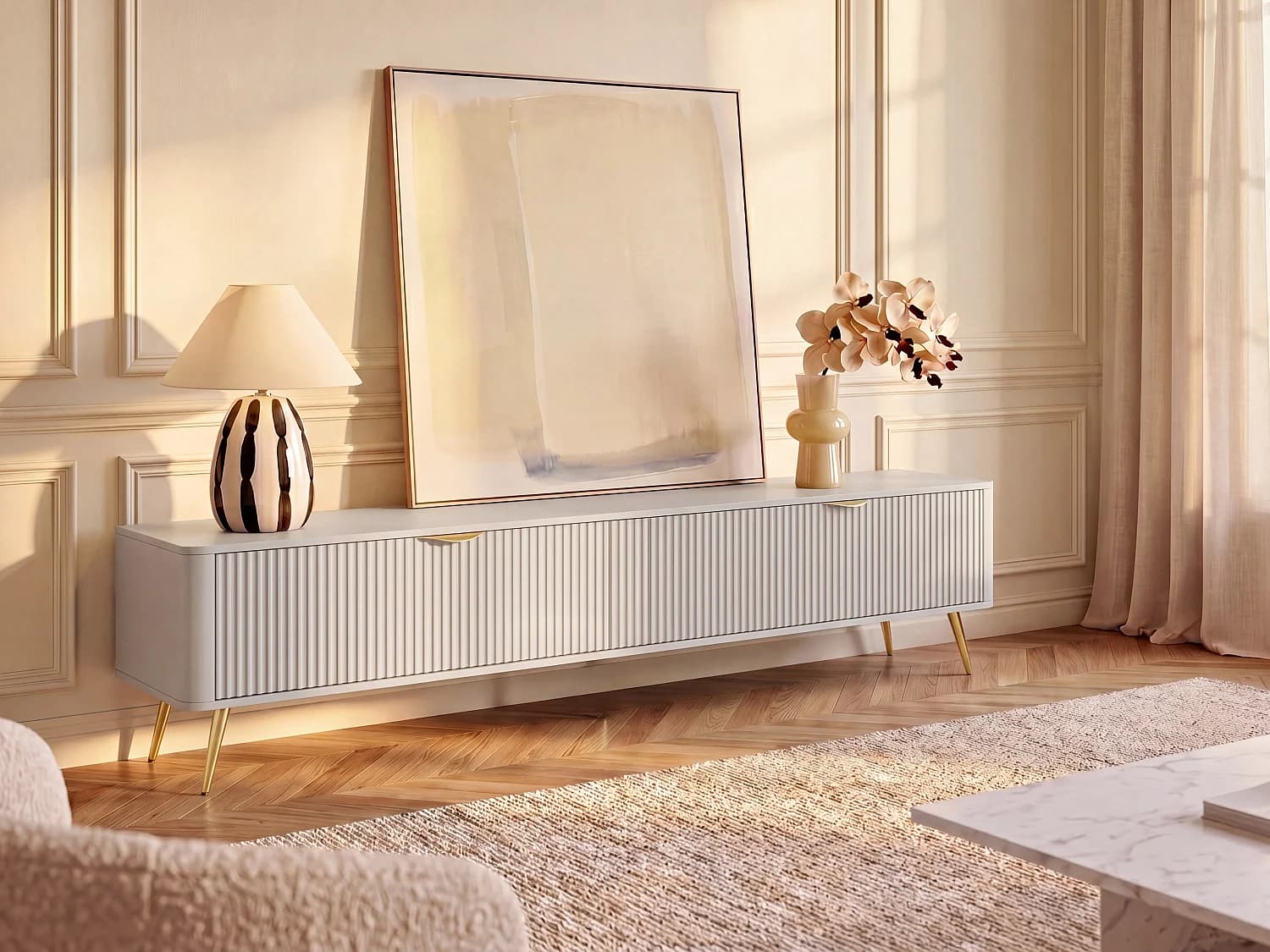 Meuble TV avec 2 portes en MDF - Beige et doré - ELONARIA