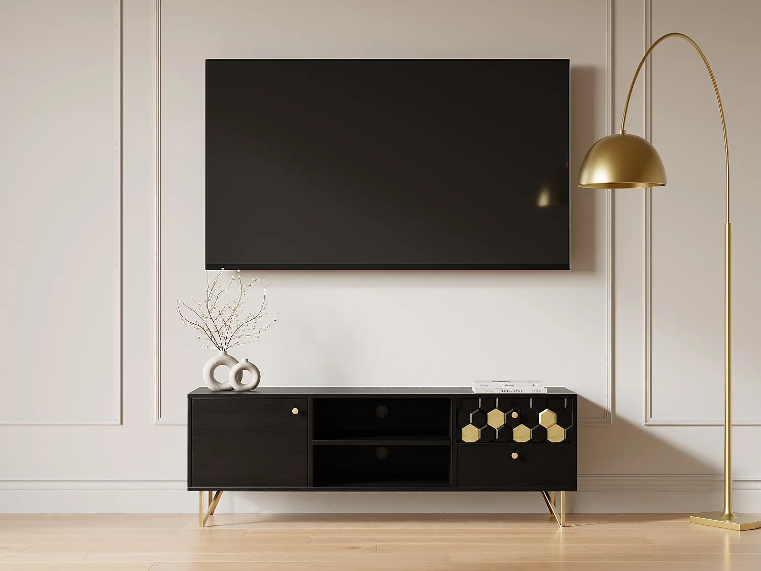 Meuble TV avec 1 porte, 2 tiroirs et 2 niches en bois de manguier et métal - Noir et Doré - BELORI