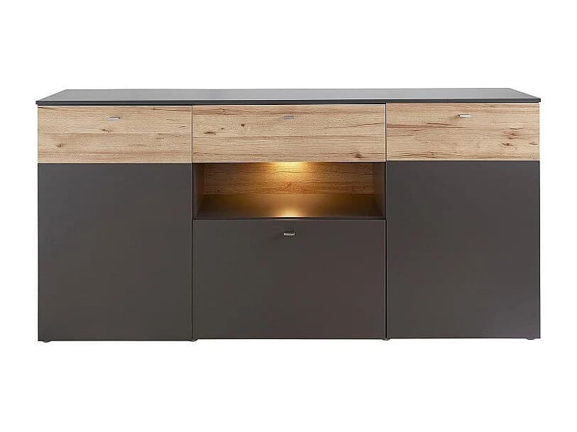Buffet 195 cm 3 portes 3 tiroirs décor chêne clair et gris - MARBELLA
