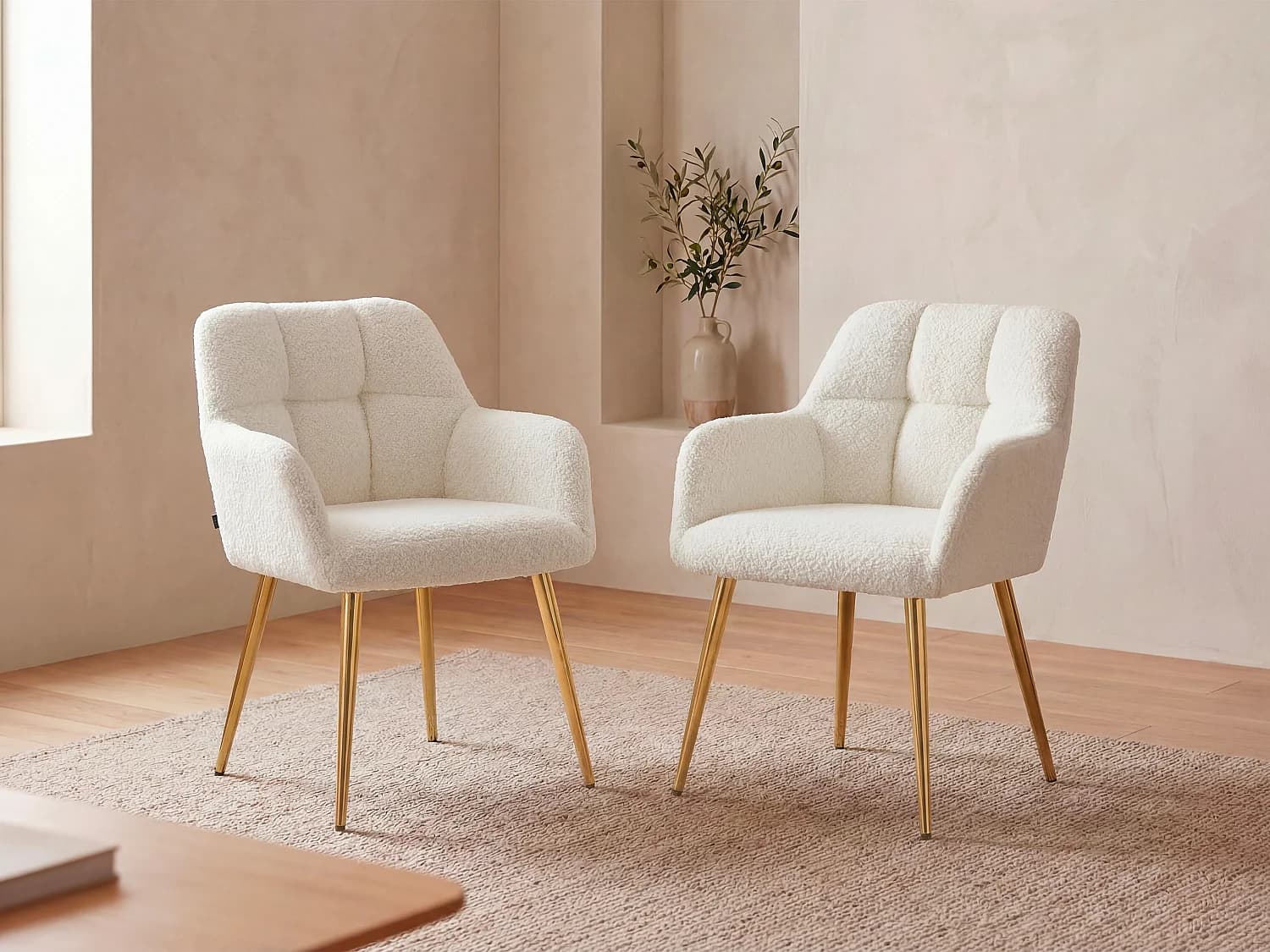Lot de 2 chaises avec accoudoirs - Tissu bouclette et métal doré - Blanc - PEGA