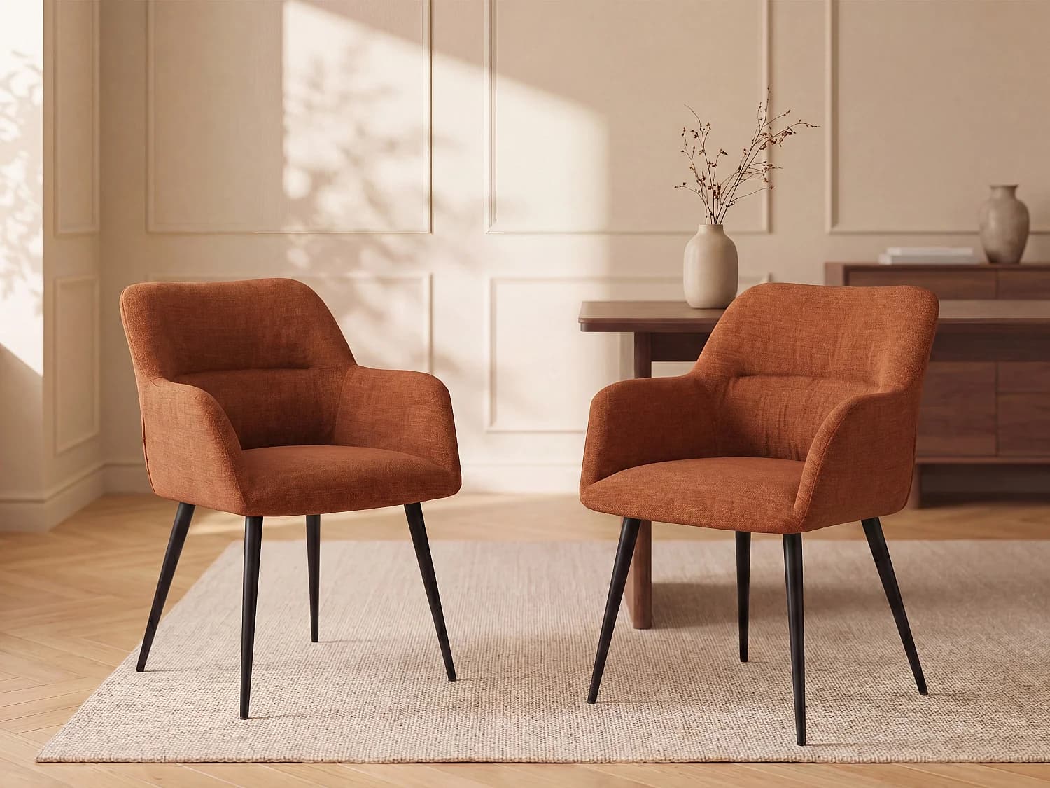 Lot de 2 chaises avec accoudoirs en tissu et métal noir - Terracotta - HEKA