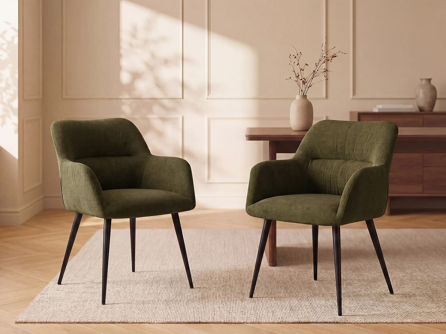 Lot de 2 chaises avec accoudoirs en tissu et métal noir - Vert - HEKA
