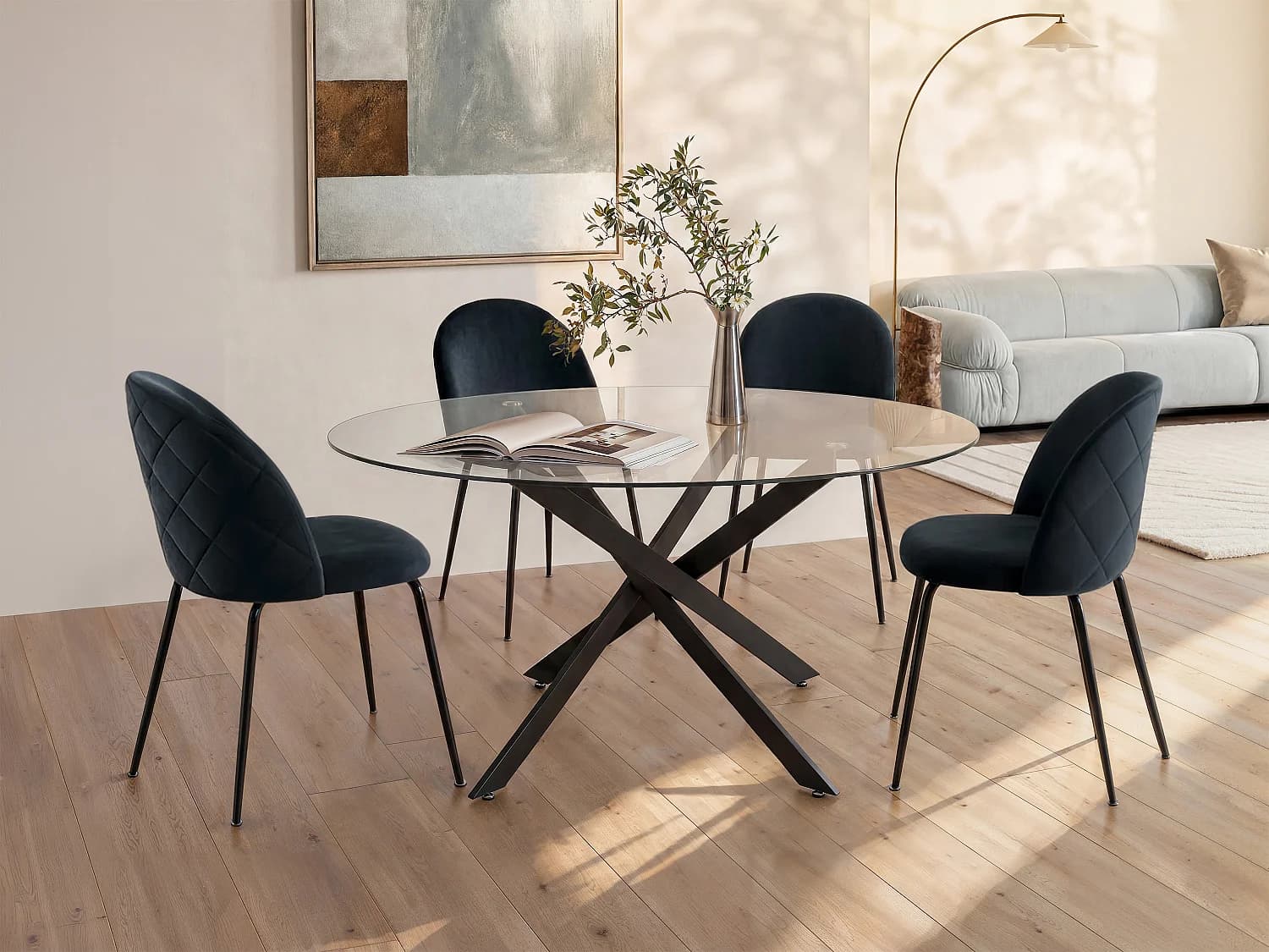 Table à manger ronde 6 personnes en verre trempé et métal noir - Transparent - COSIMA
