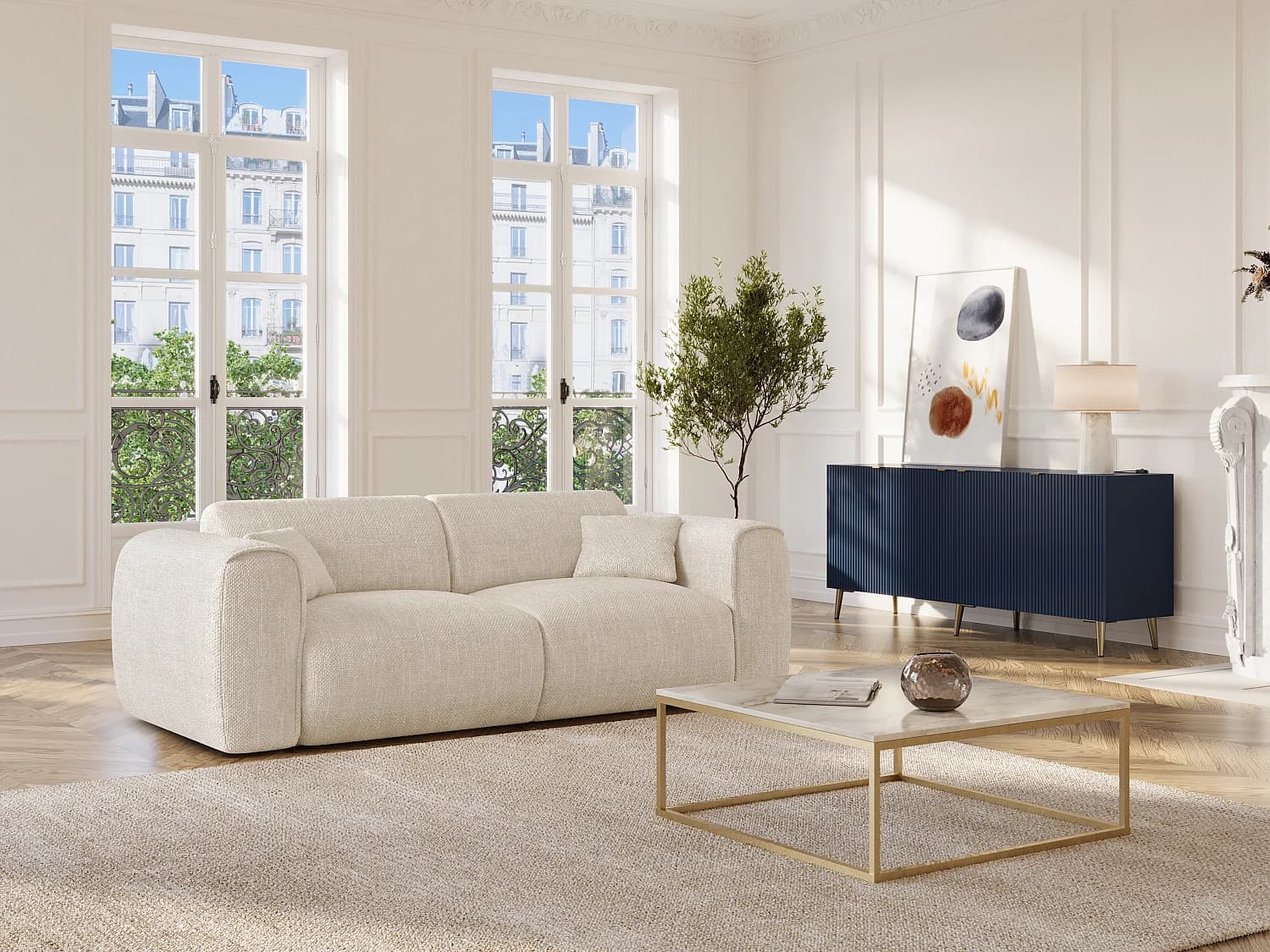 Canapé 3 places convertible express en tissu texturé beige - Couchage 140 cm - Matelas 13 cm mémoire de forme POGNIA