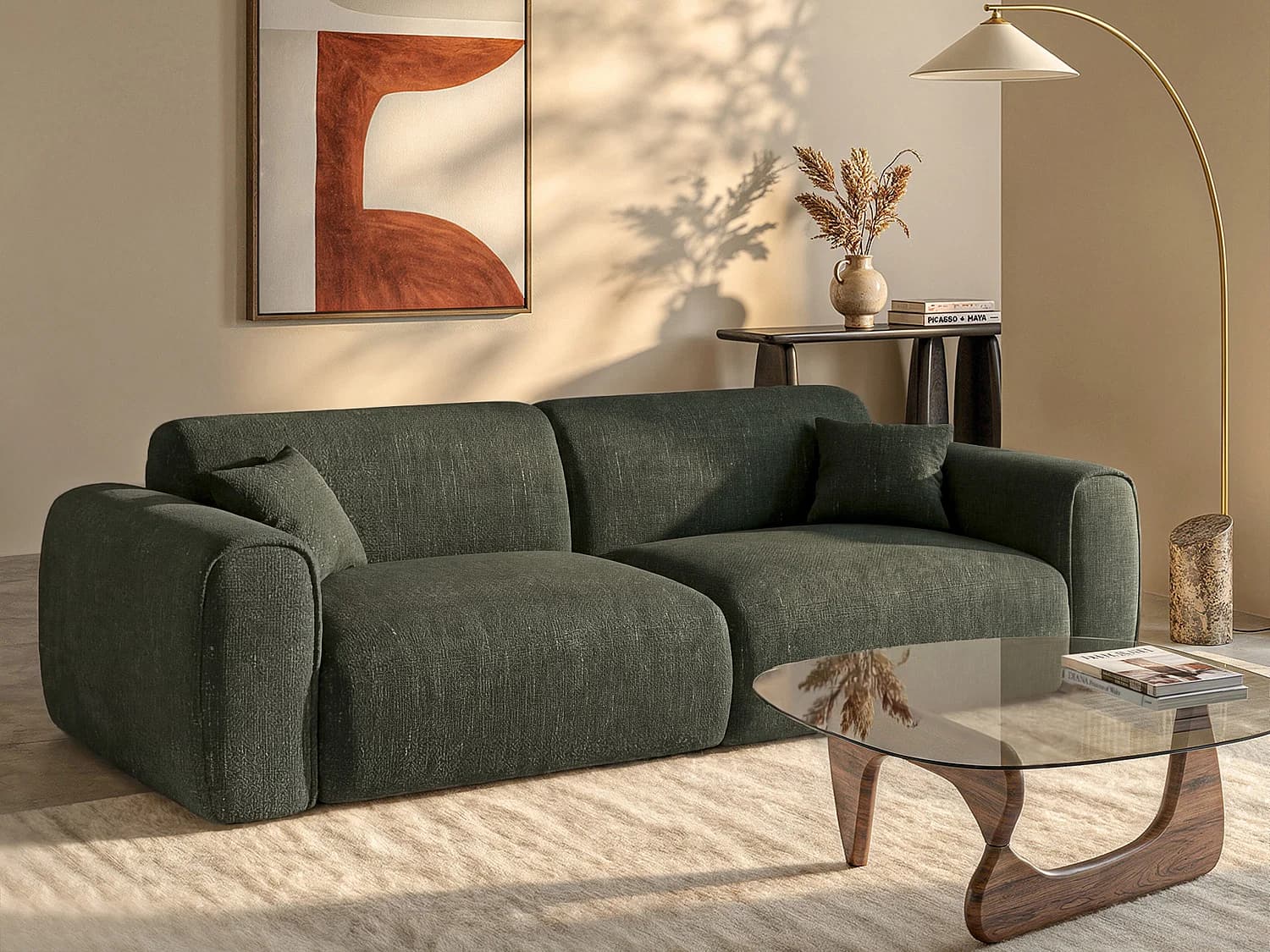 Canapé 4 places convertible express en tissu texturé vert kaki - Couchage 160 cm - Matelas 13 cm mémoire de forme POGNIA