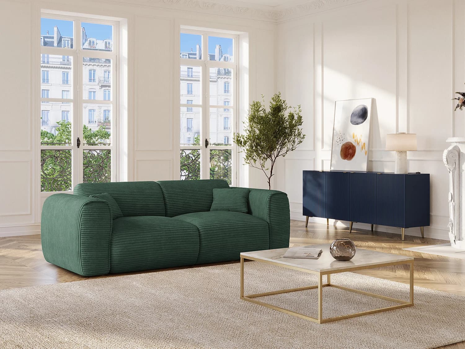 Canapé 3 places convertible express en velours côtelé vert sapin - Couchage 140 cm - Matelas 13 cm mémoire de forme POGNIA
