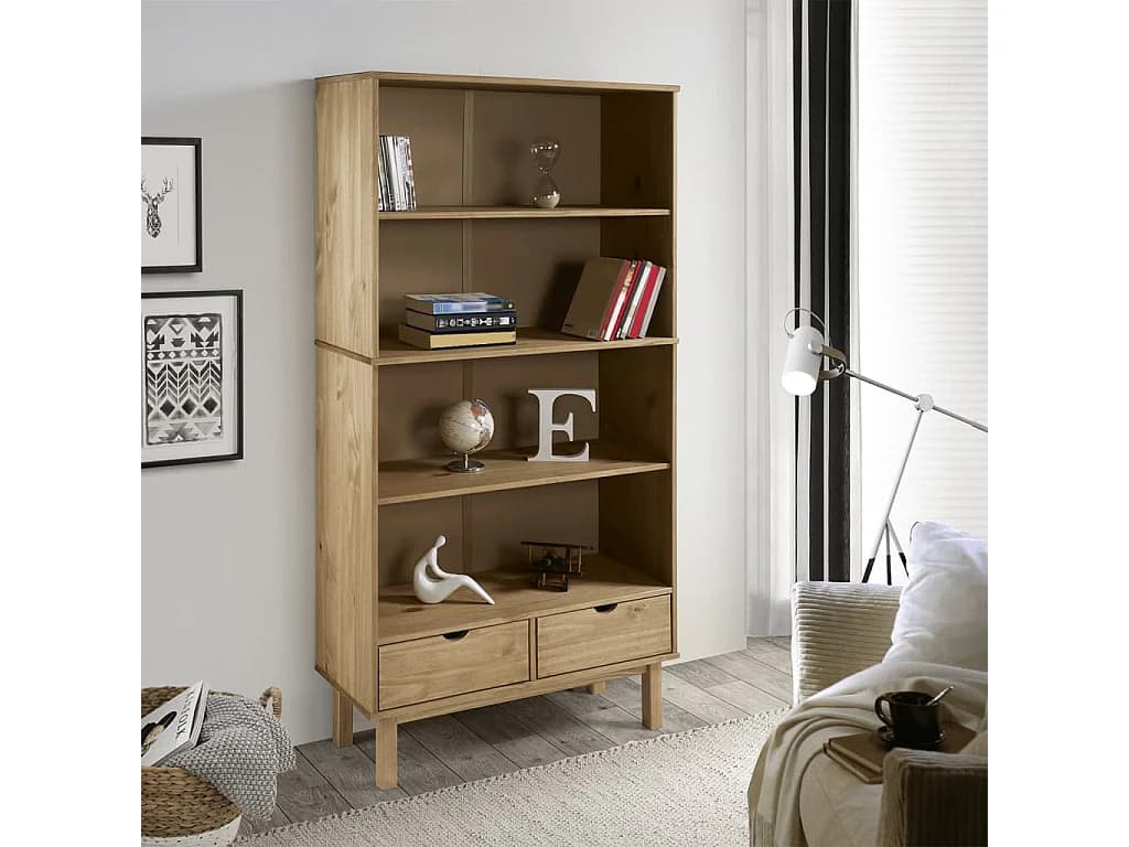 Bibliothèque OTTA avec 2 tiroirs Marron Bois massif pin OFR98757 BonneVie Meuble