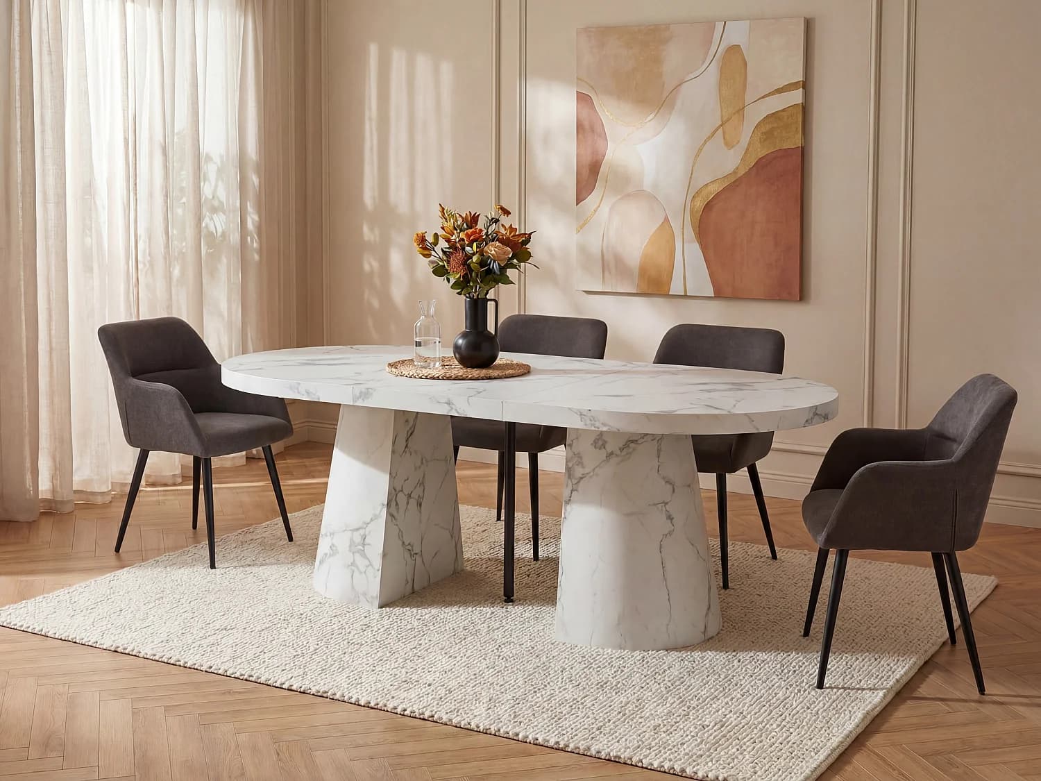 Table à manger extensible 6 à +12 personnes en MDF - Effet marbre blanc - CLOEVA