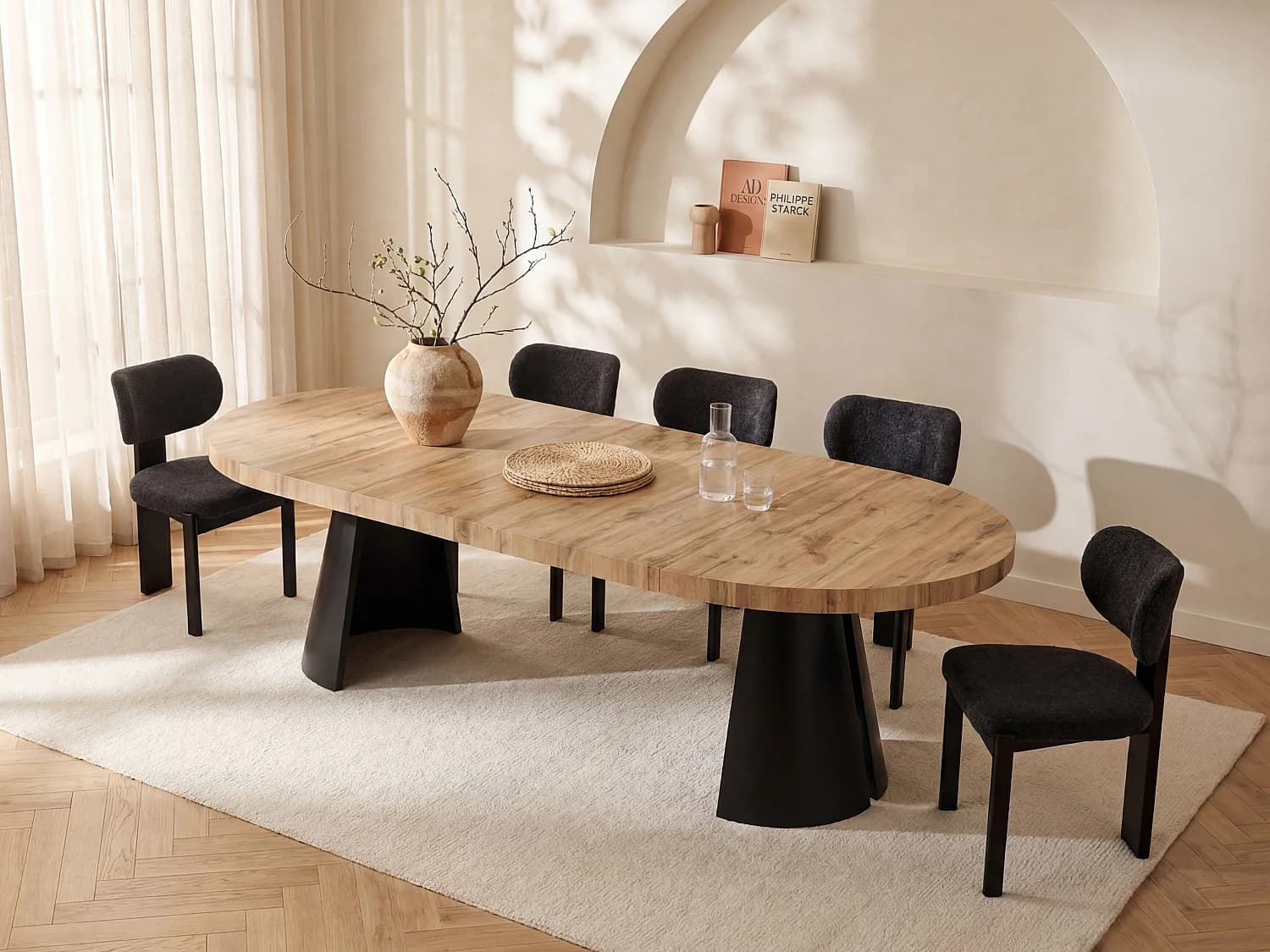 Table à manger extensible 4 à 12 personnes en MDF et métal noir - Naturel clair - JARELIA
