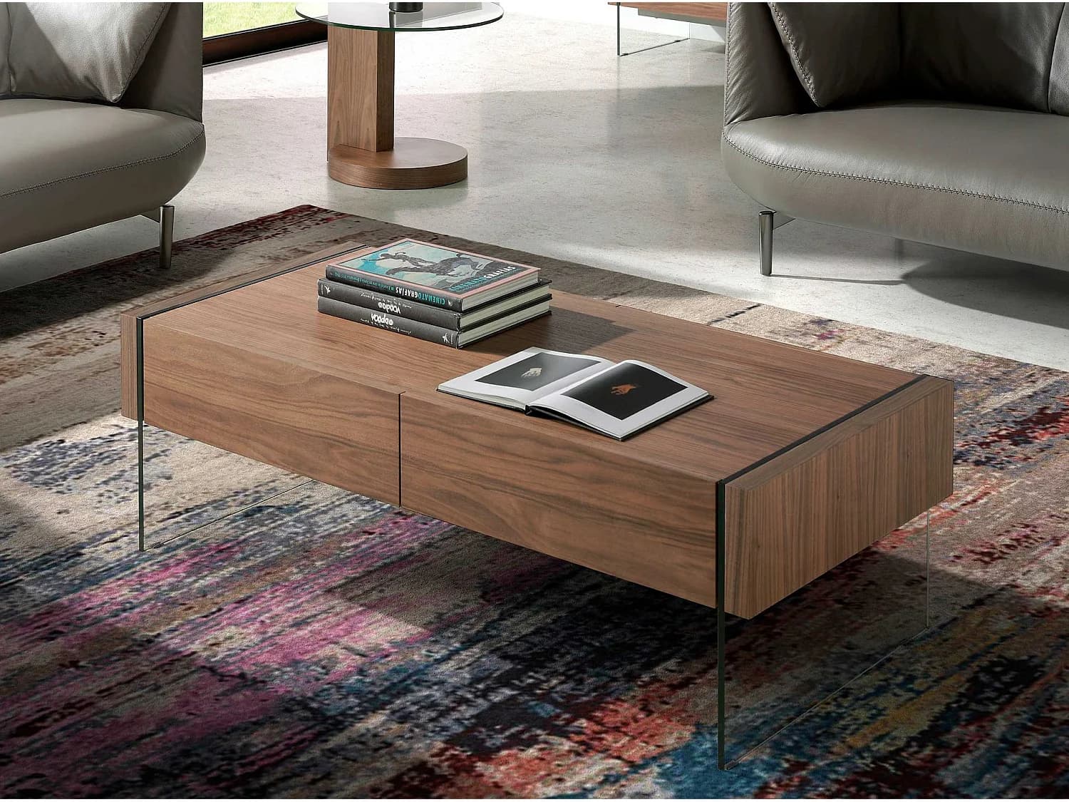 Table basse rectangulaire en noyer et verre trempé 2050 ANGEL CERDA