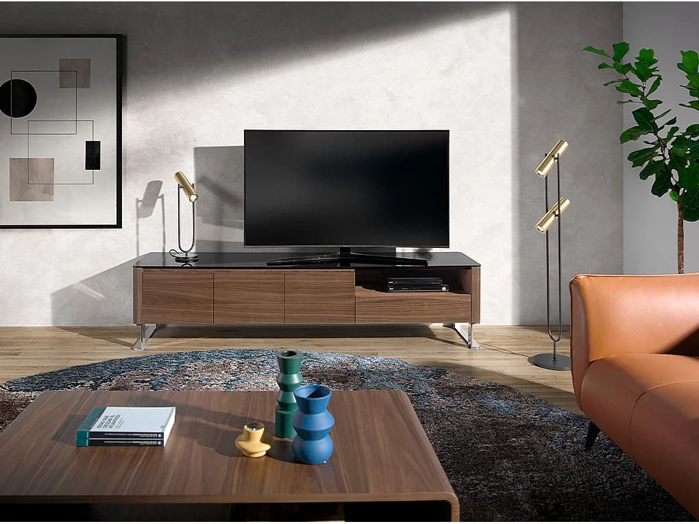 Meuble TV noyer, acier chromé et plateau en verre noir 3047 ANGEL CERDA