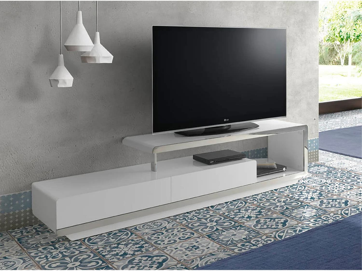 Meuble TV en bois blanc avec base en acier chromé et base en acier chromé 3042 ANGEL CERDA