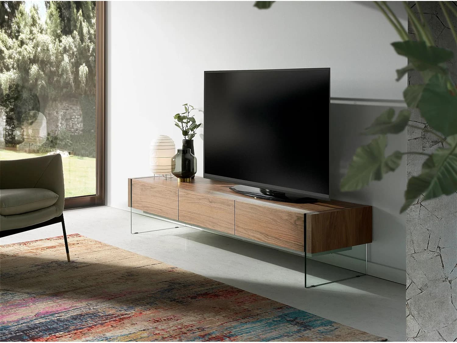 Meuble TV en noyer et verre trempé 3085 ANGEL CERDA
