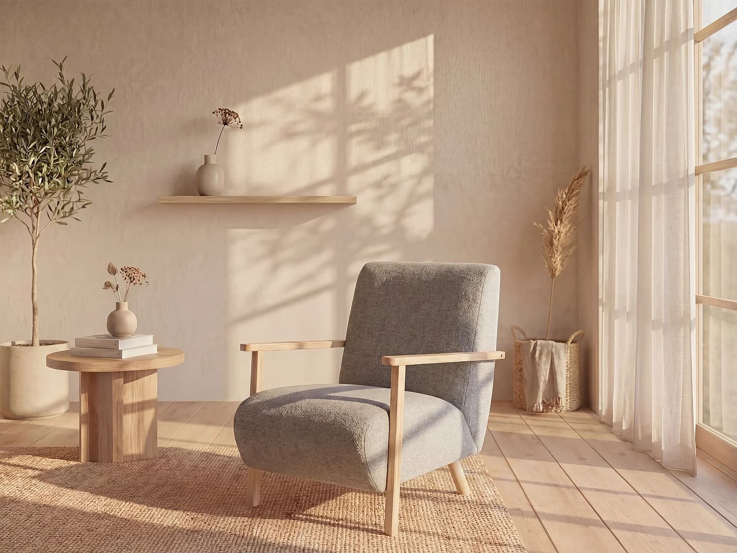 Fauteuil en tissu gris et bois JULOMO