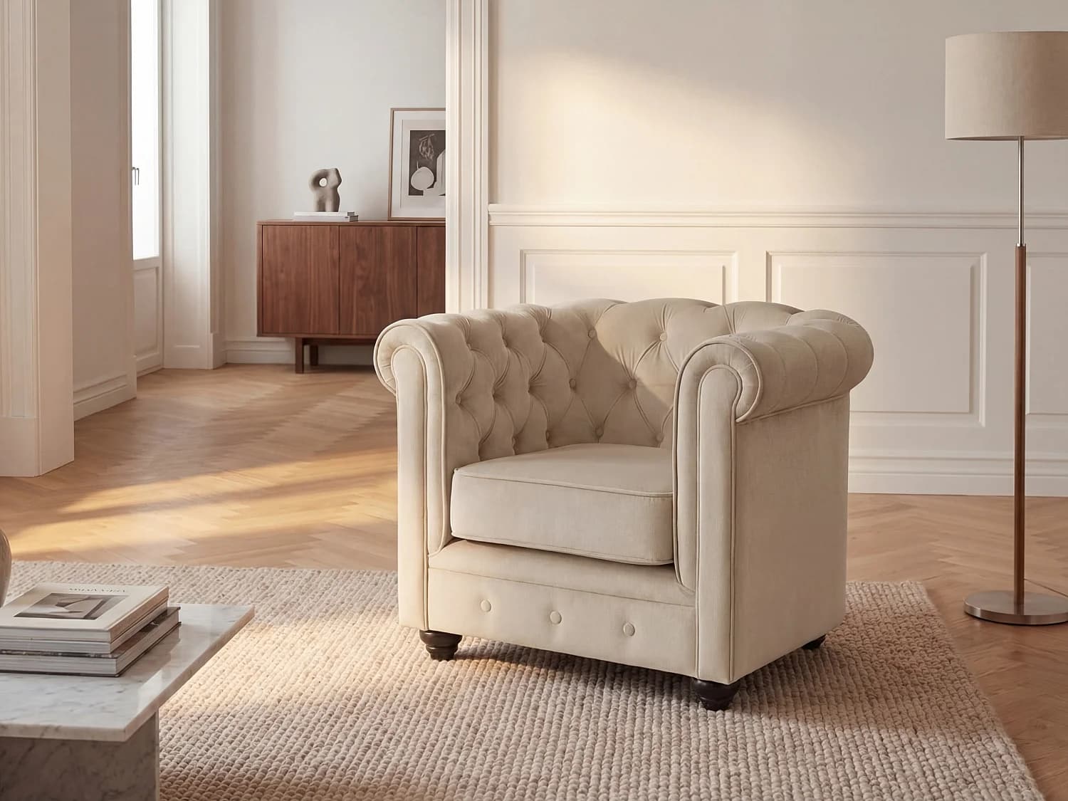 Fauteuil en velours beige CHESTERFIELD