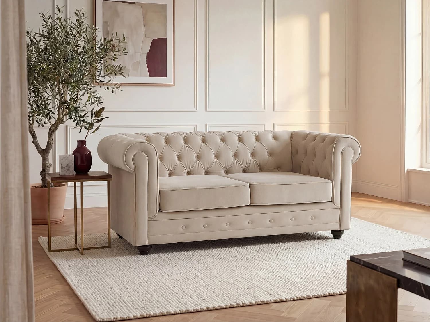 Canapé 2 places en velours beige CHESTERFIELD