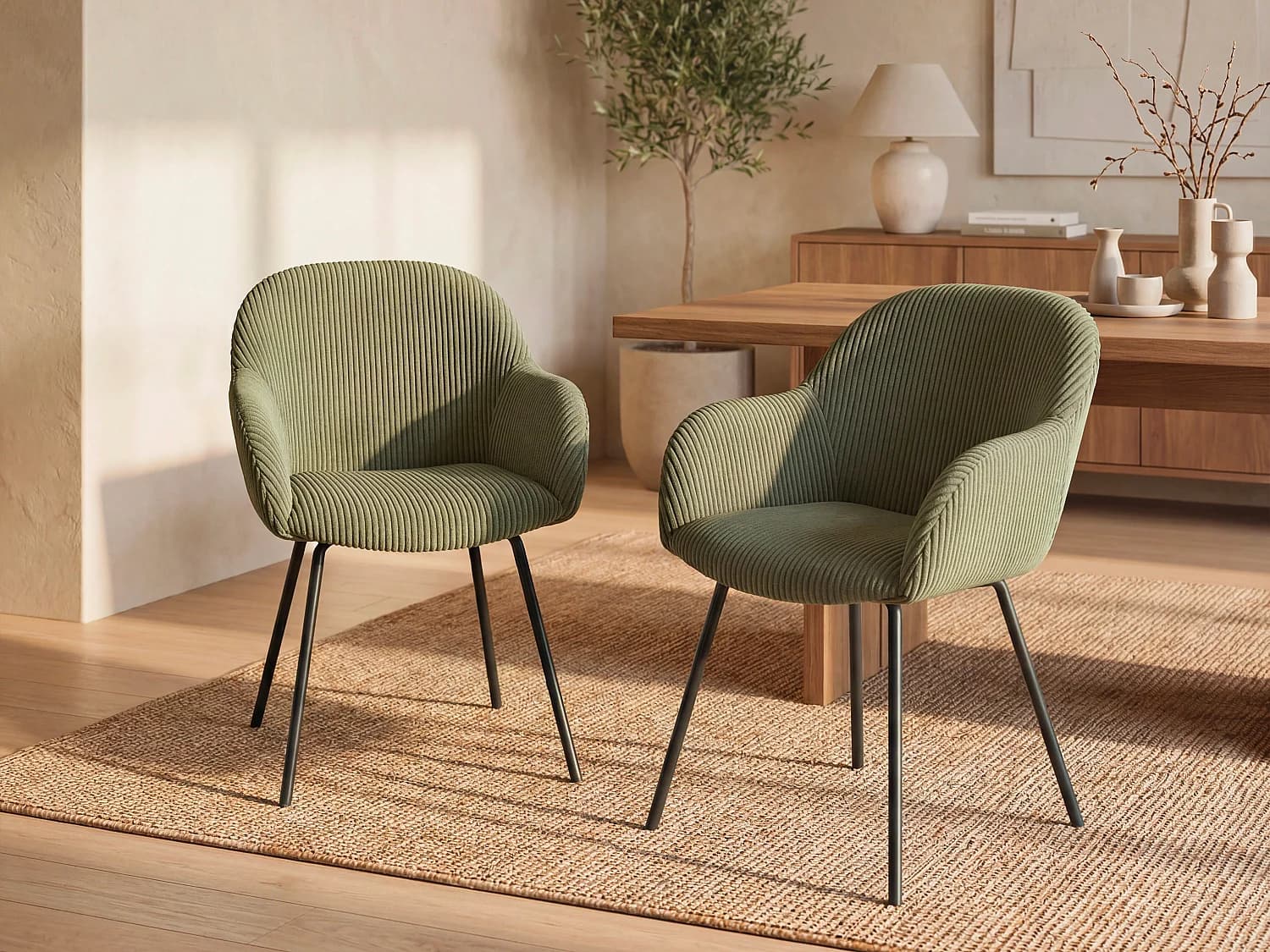 Lot de 2 chaises avec accoudoirs en velours côtelé et métal noir - Kaki - MARENZIA