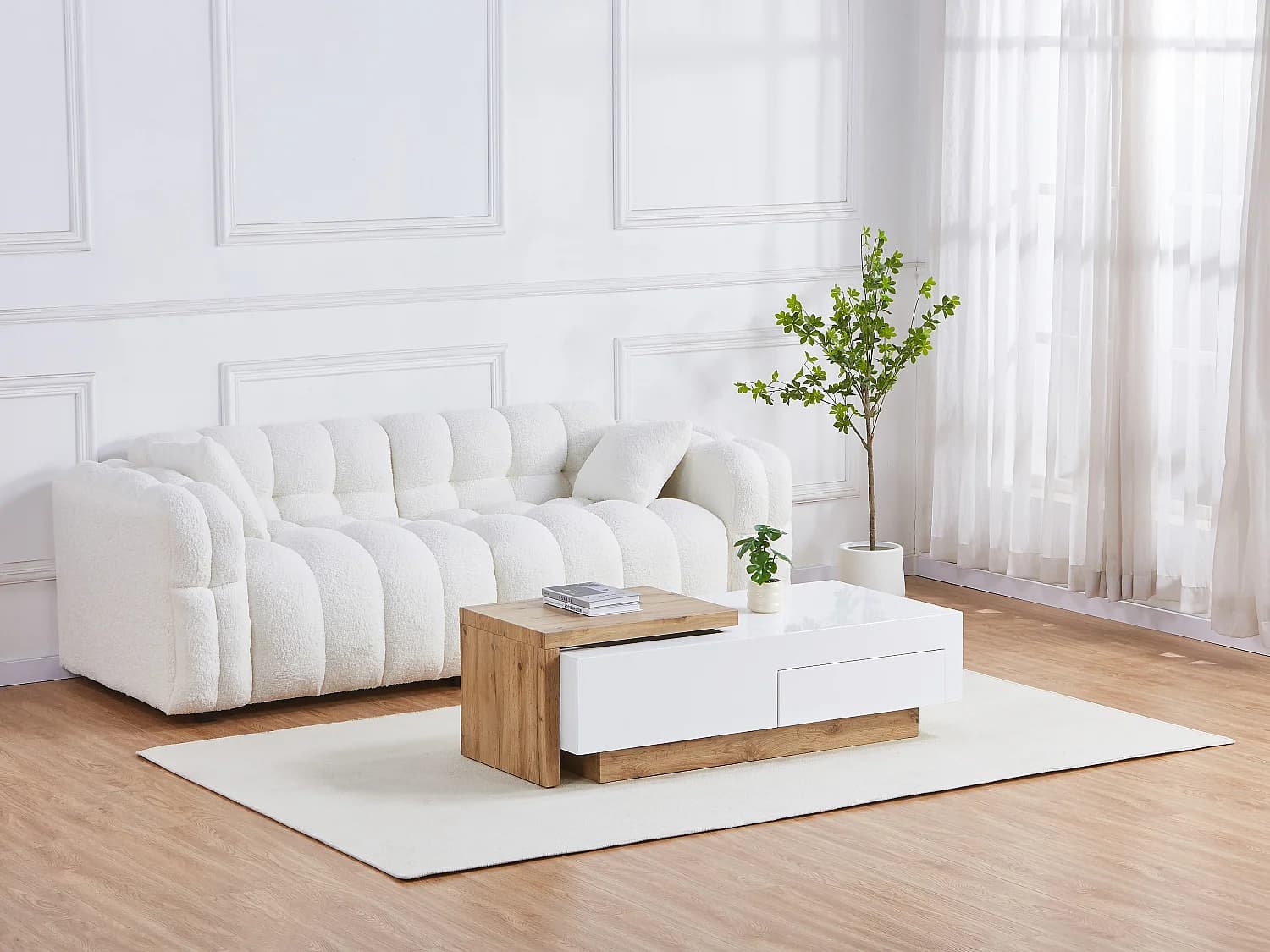 Table basse extensible en MDF avec 1 tiroir et 1 niche - Naturel et Blanc - MANDREA