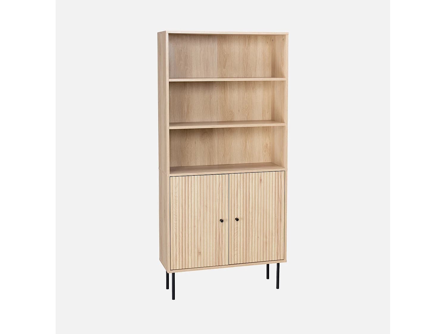 Bibliothèque décor bois rainuré et métal noir 2 portes 5 étagères H170.5cm