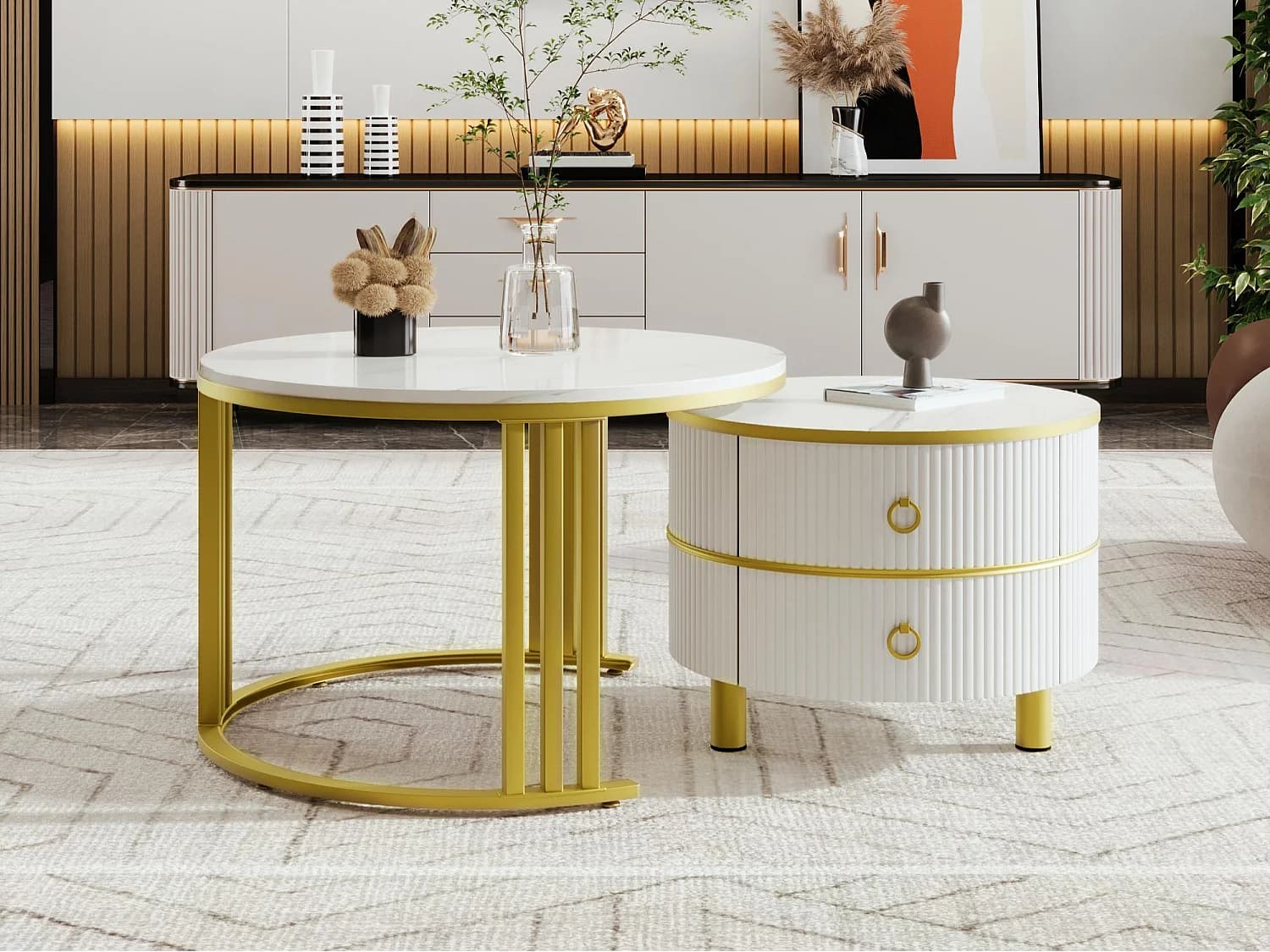 Lot de 2 tables basses gigognes avec 2 tiroirs - plateau à motif de marbre - Doré & Blanc