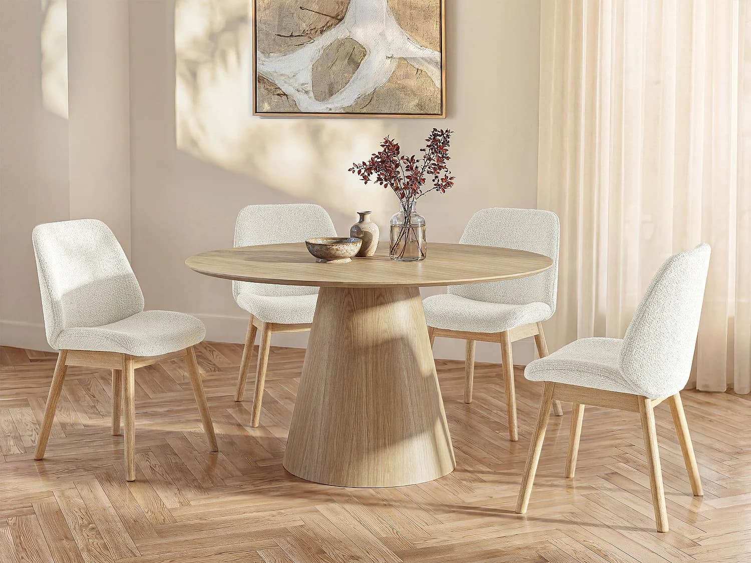 Table à manger ronde 4 personnes placage frêne - Naturel clair - ANTALIZA