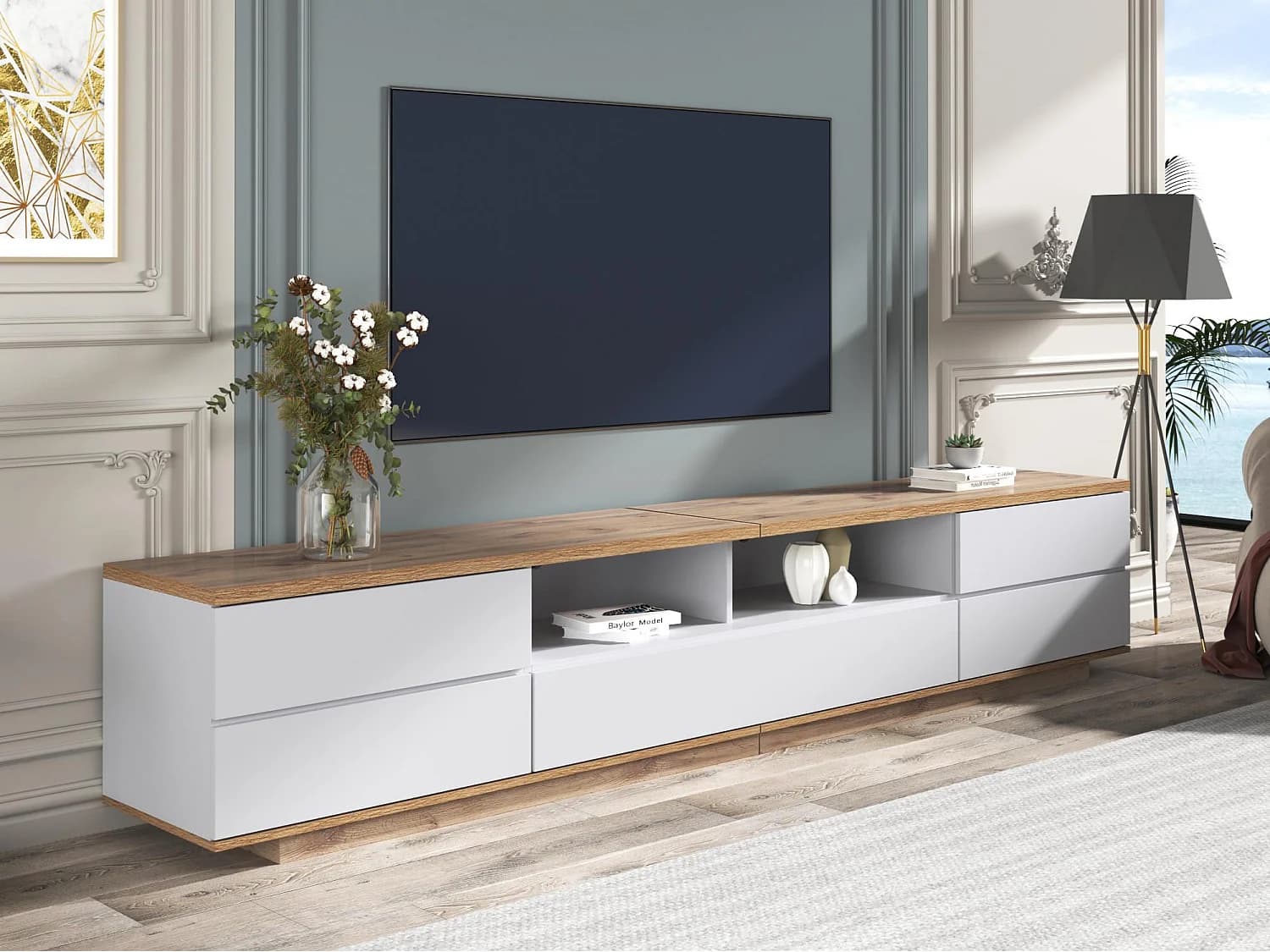 Meuble TV scandinave contemporain 180cm en bois - 5 portes + 8 compartiments - Naturel & Blanc