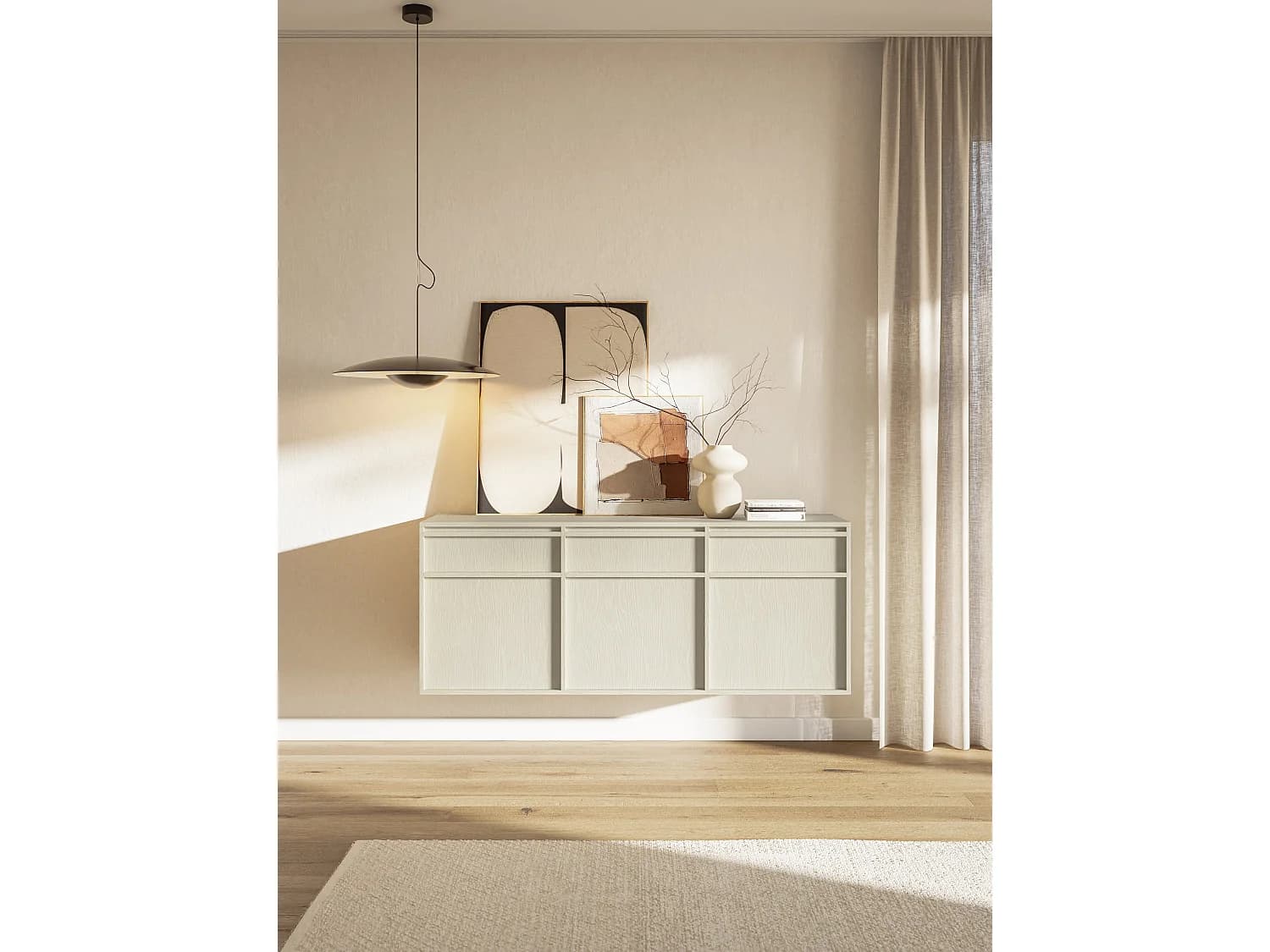Buffet à trois portes - 154 cm - avec tiroirs - suspendu - crème - EVO