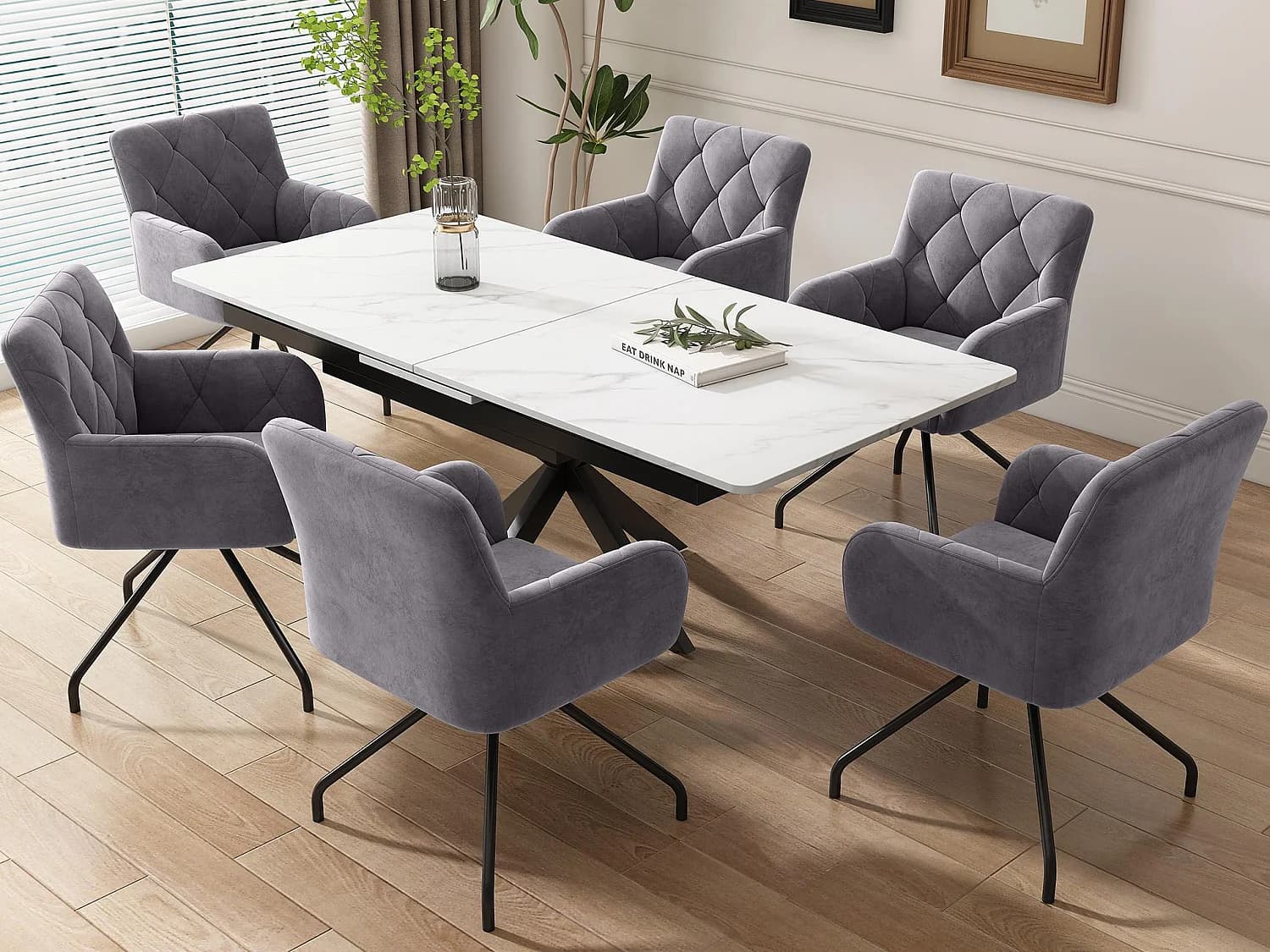 Lot de 6 Chaises rembourrées en velours avec pieds en métal - Gris