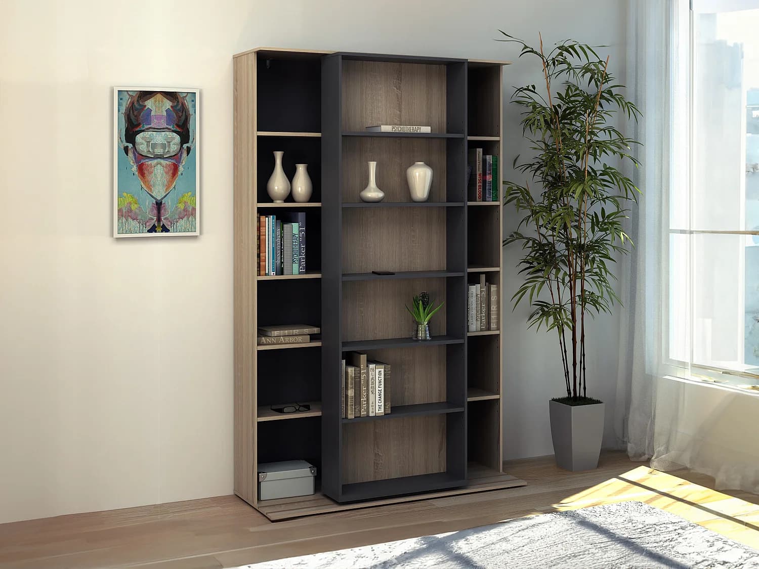 Bibliothèque coulissante avec 18 niches - Naturel et anthracite - PRALI