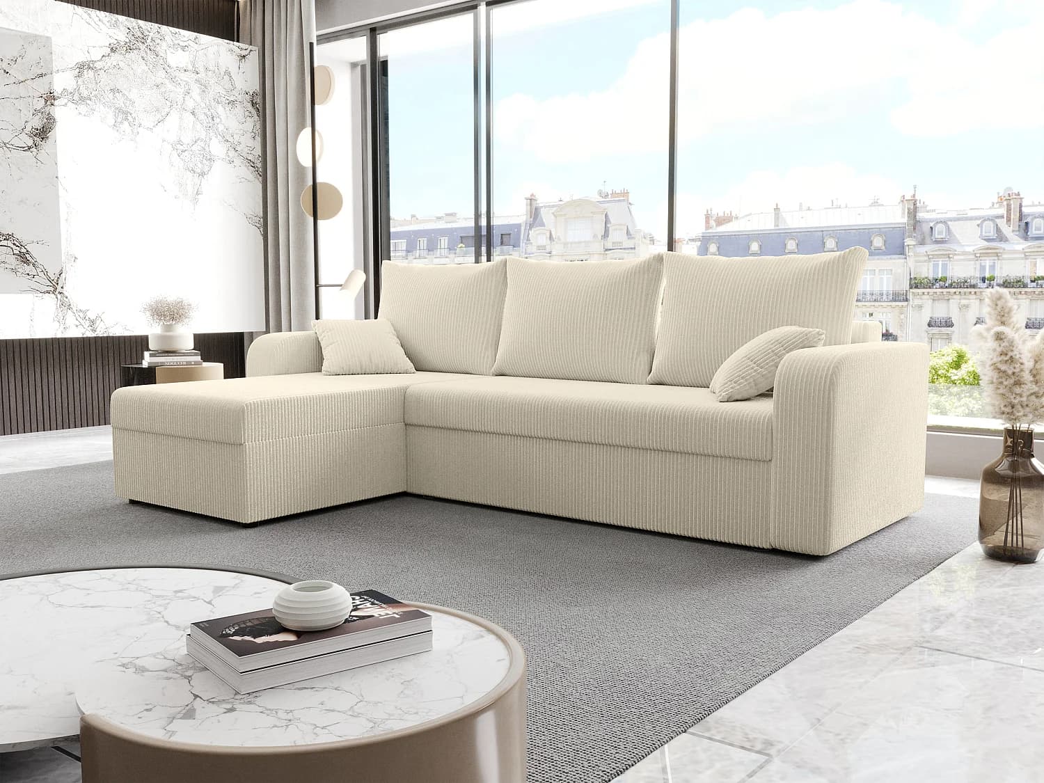 Canapé d'angle convertible et réversible en velours côtelé beige ONABIA