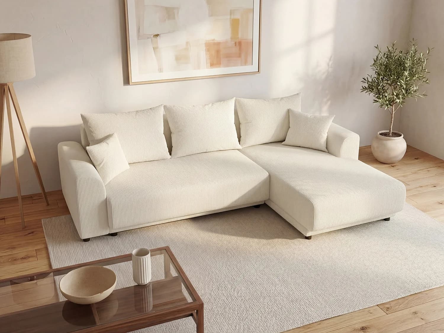 Canapé d'angle convertible et réversible en velours côtelé beige NESSARO
