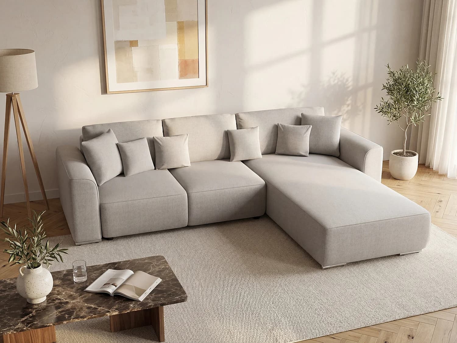Canapé d'angle convertible et réversible en tissu gris clair MELTANA