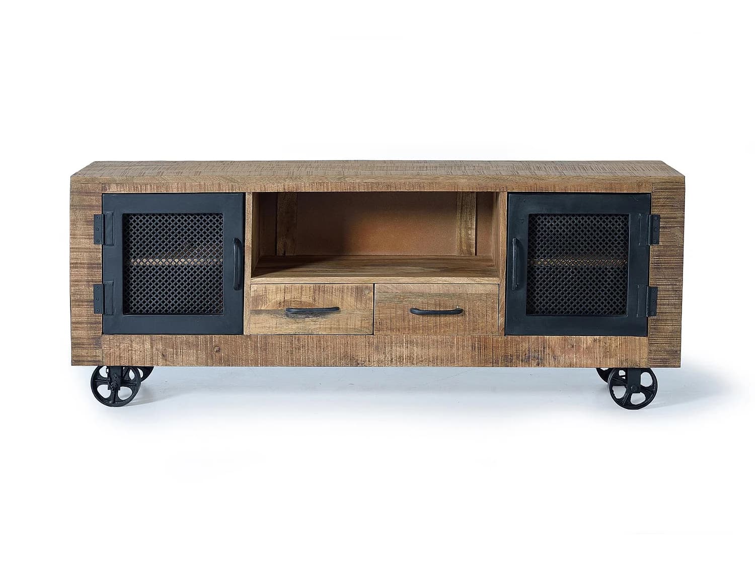 Meuble TV en bois de manguier et métal, 150 cm, style industriel moderne - 60 x 150 x 38 cm