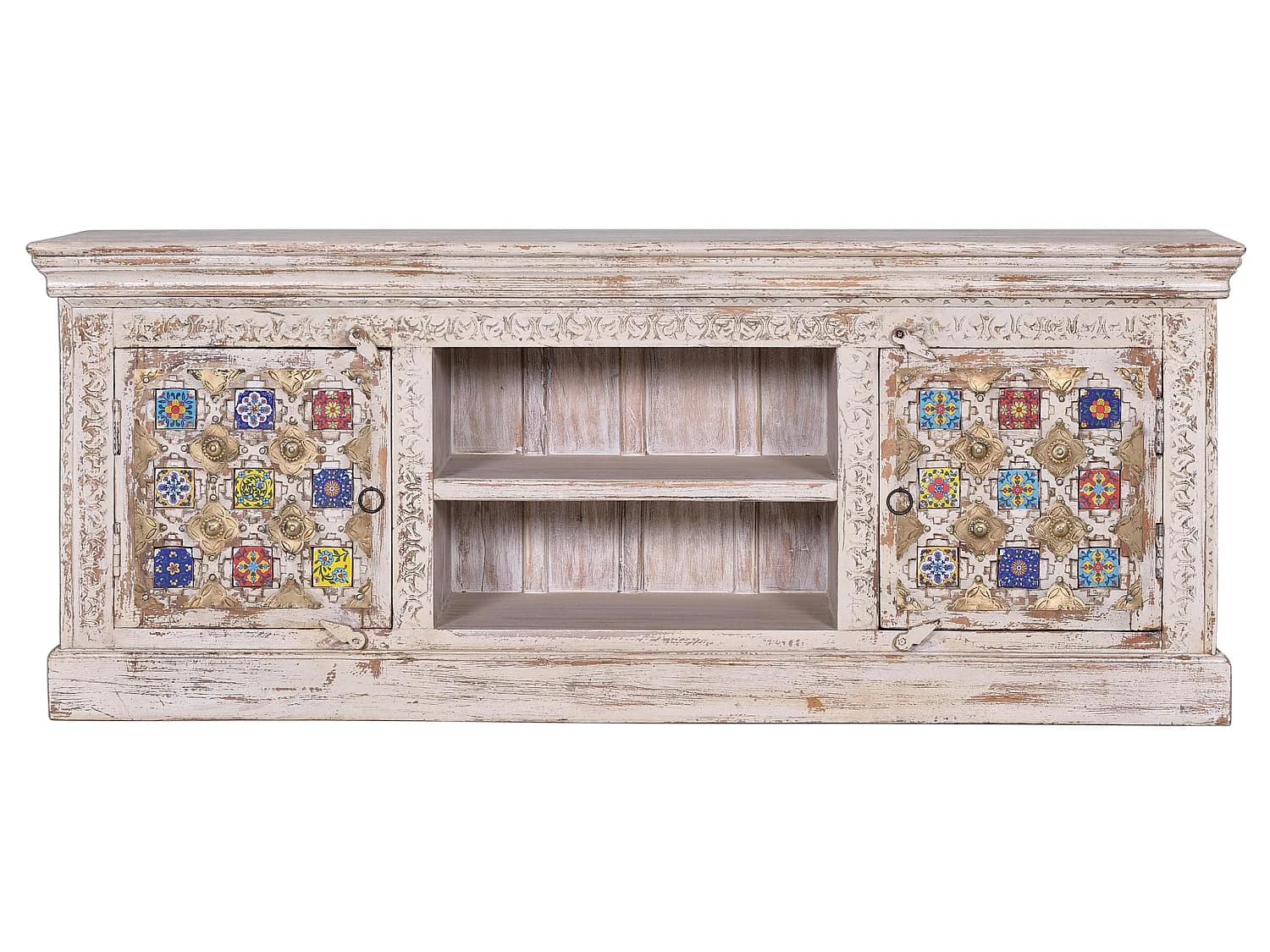 Meuble TV en bois de manguier 150 cm, style méditerranéen moderne - 60 x 150 x 40 cm
