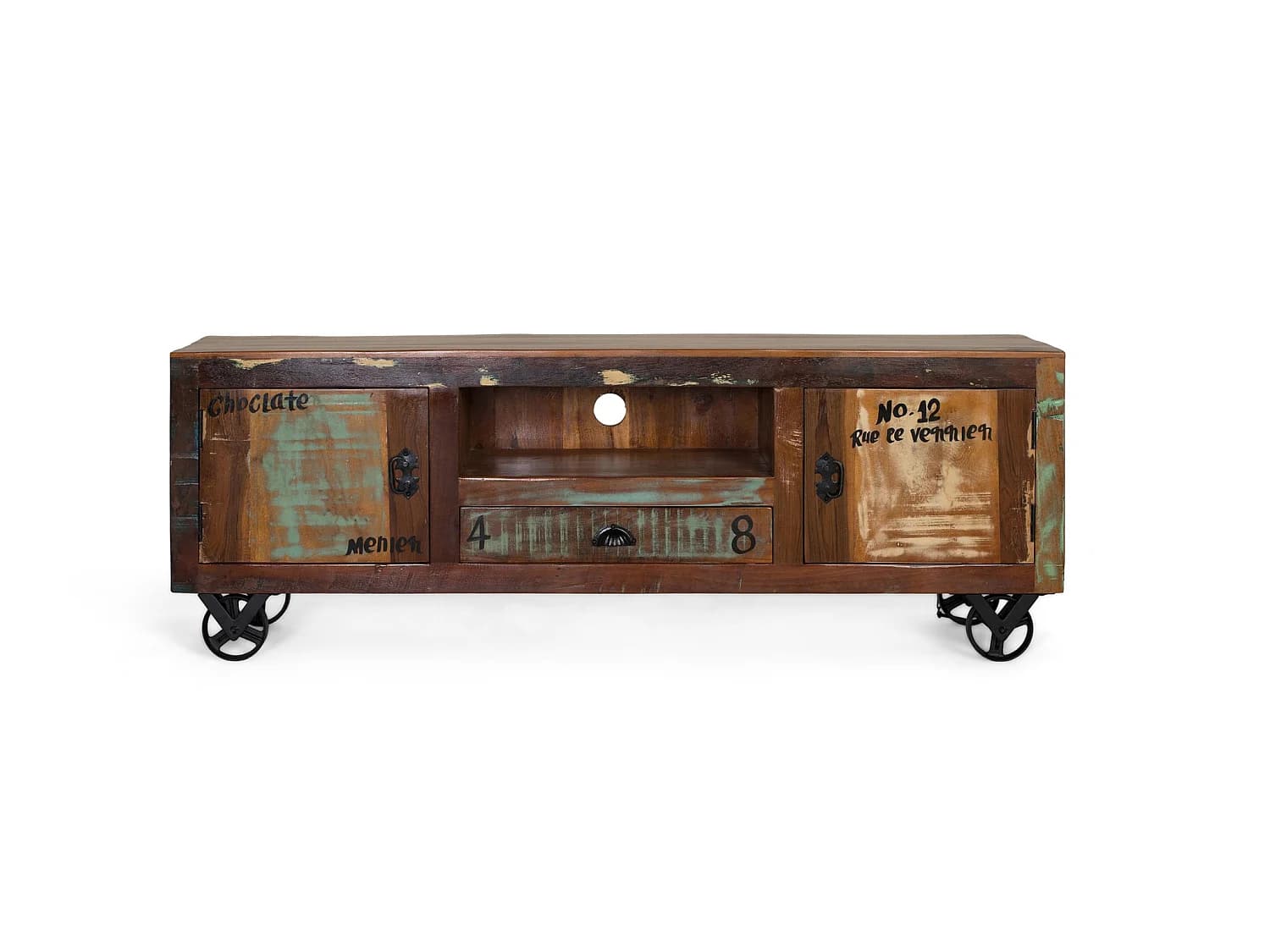 Meuble TV en bois recyclé 160 cm, style vintage moderne - 55 x 160 x 40 cm