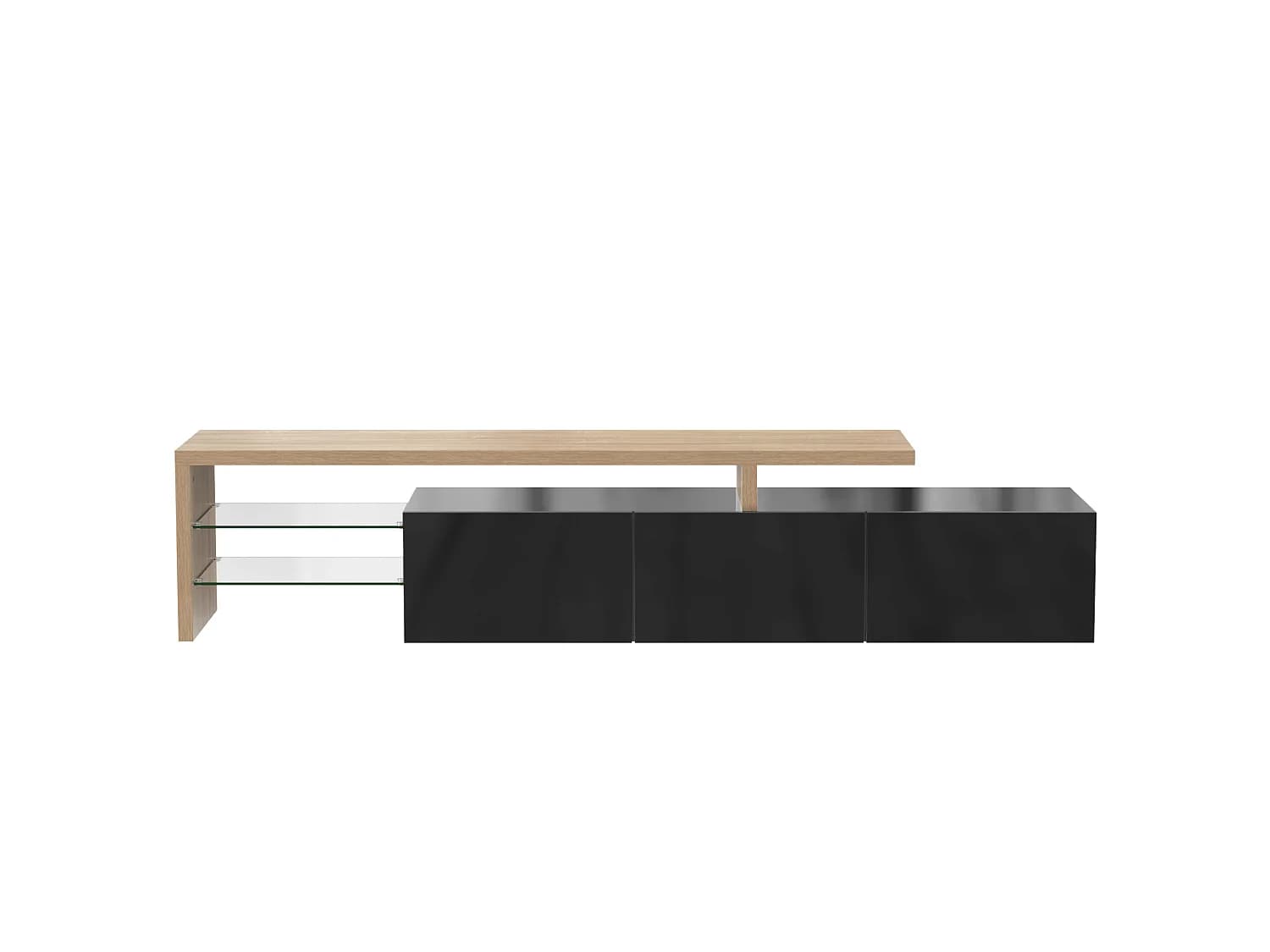 URBAN MEUBLE Design de meuble TV moderne noir brillant aspect bois éclairage LED avec 3 portes battantes et étagères en verre rangement
