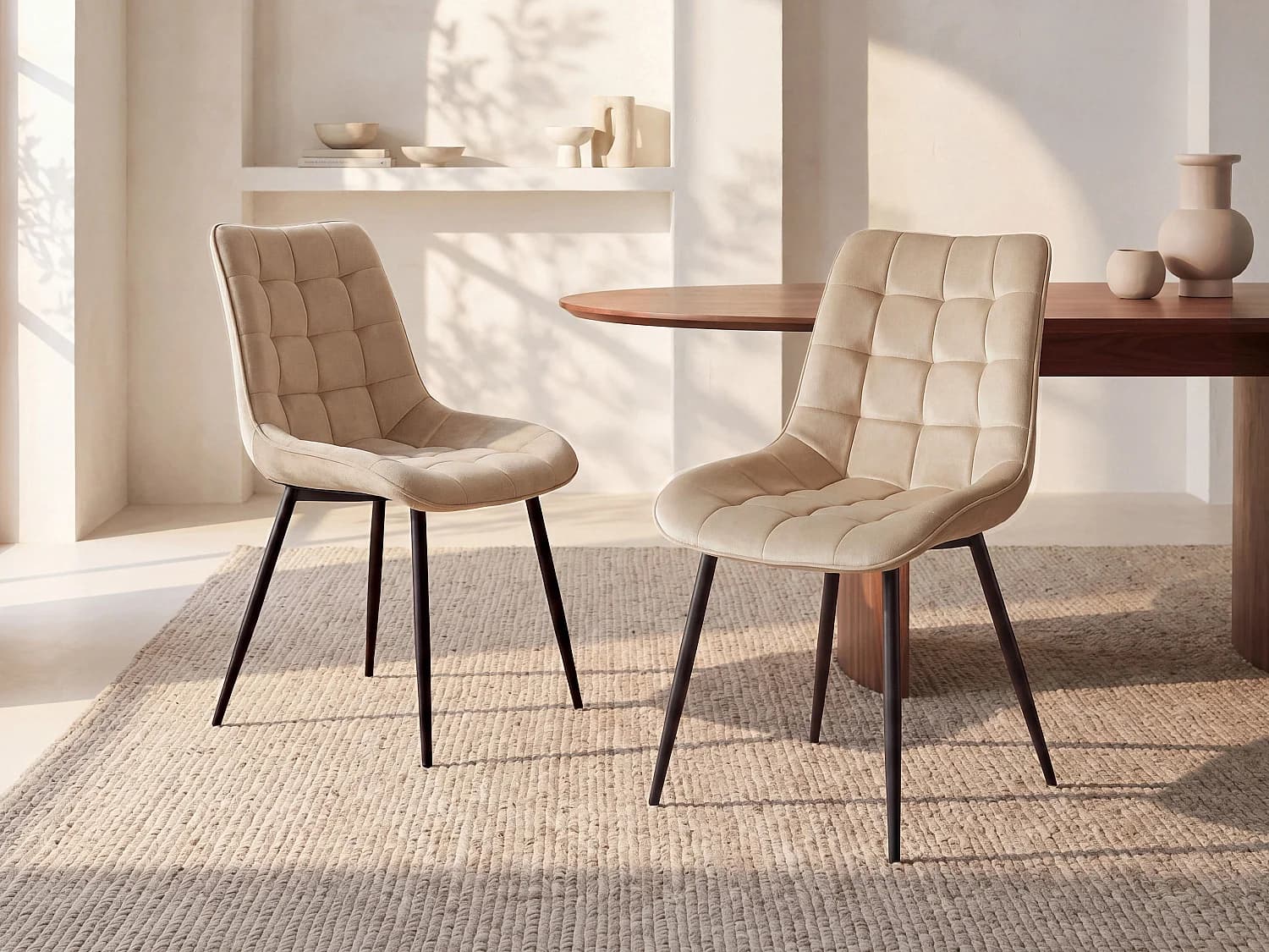 Lot de 6 chaises matelassées - Velours et métal noir - Beige - OLLUA