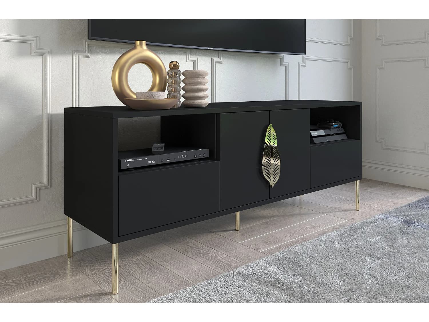 Meuble TV MERLIN en noir avec des accents dorés / 138 cm