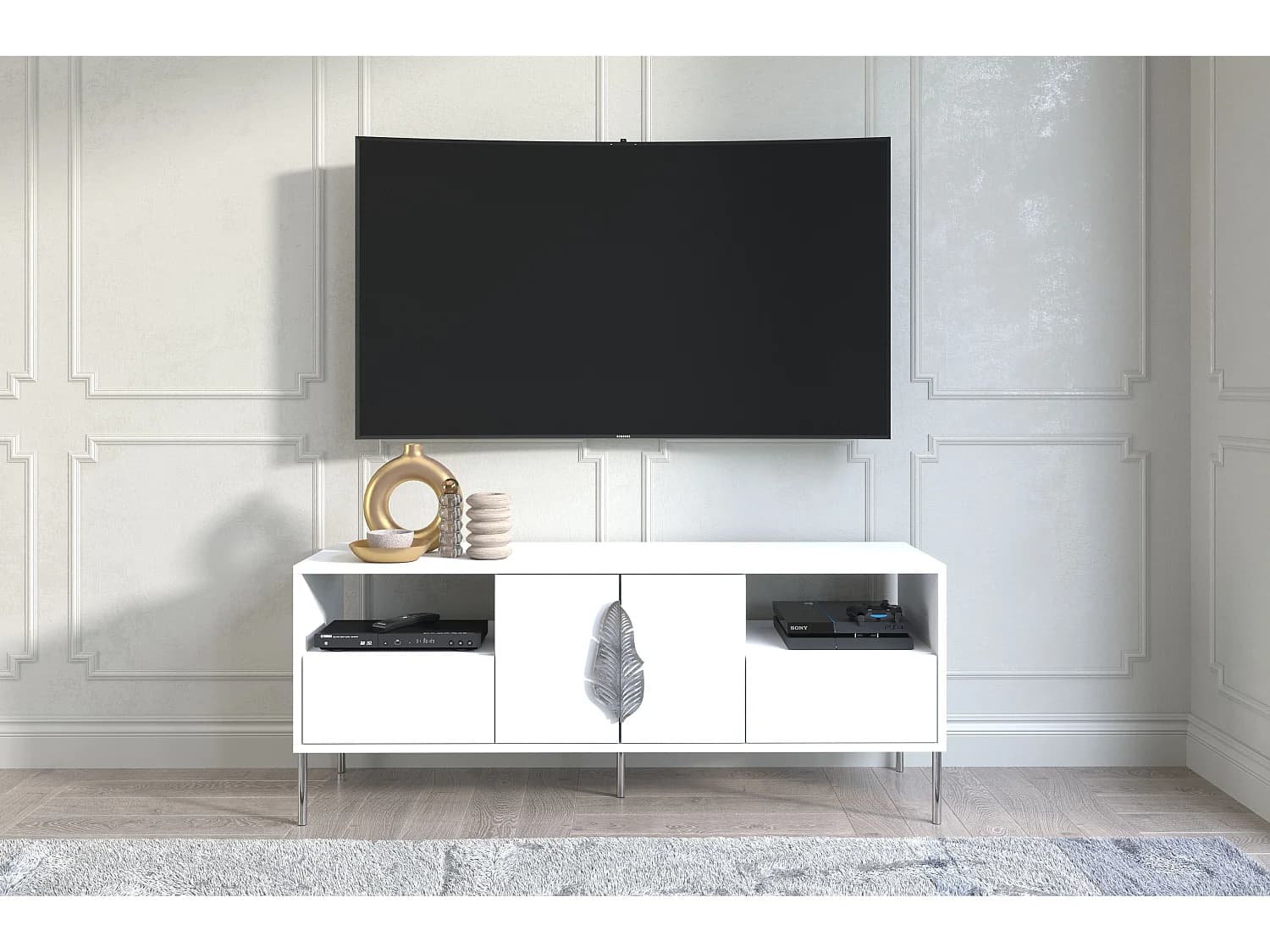 Meuble TV MERLIN blanc avec accessoires argent / 138 cm