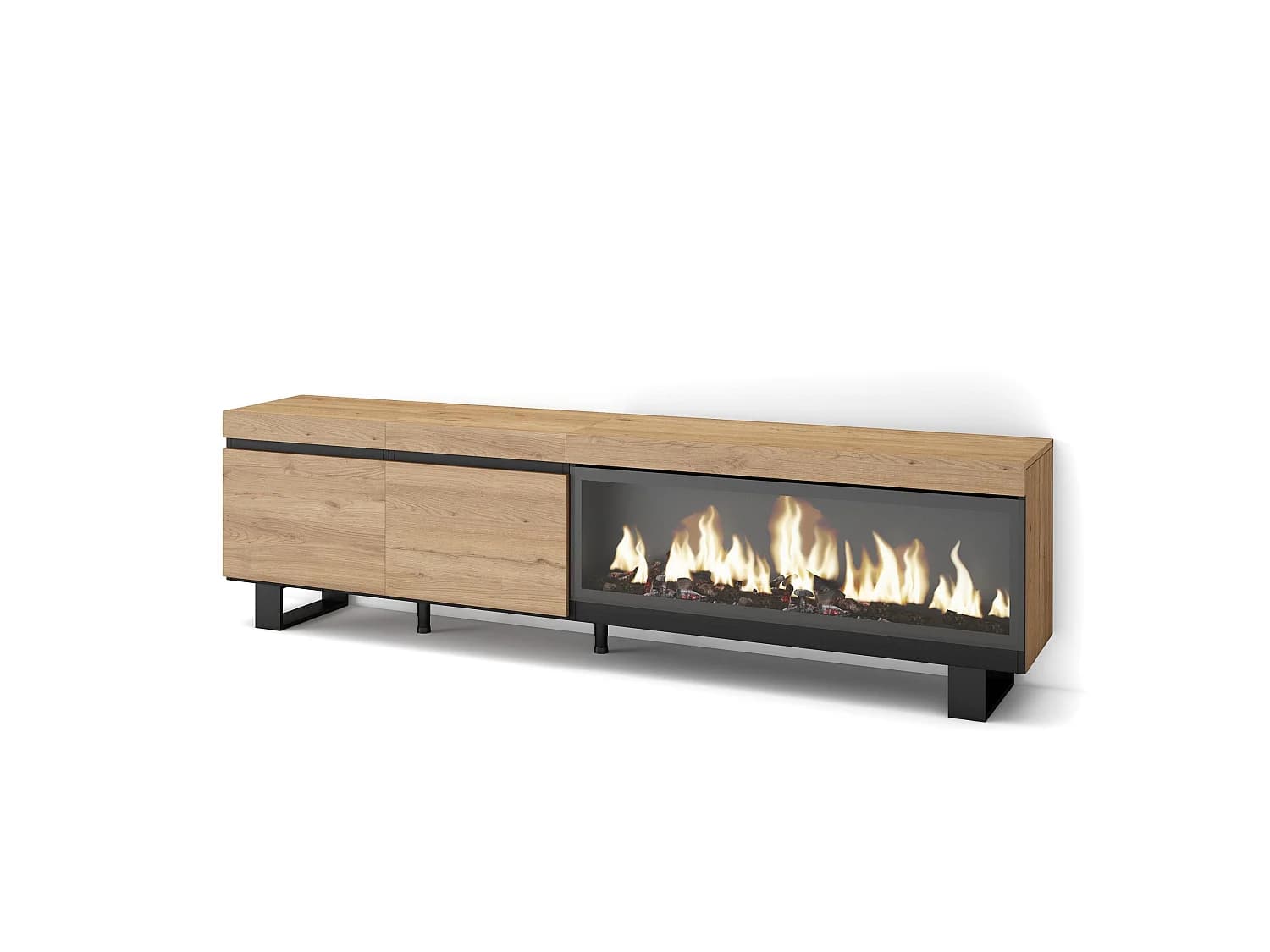 Meuble TV, Banc Télé, 208x35x57cm, Pour les TV jusqu'à 80", Cheminée électrique XXL, Design industriel, Chêne