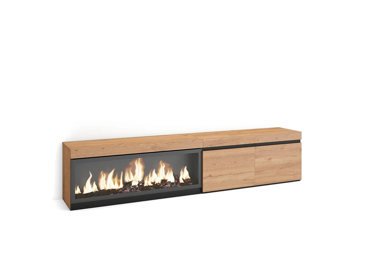 Meuble TV, Banc Télé, 208x35x45cm, Pour les TV jusqu'à 80", Cheminée électrique XXL, Chêne