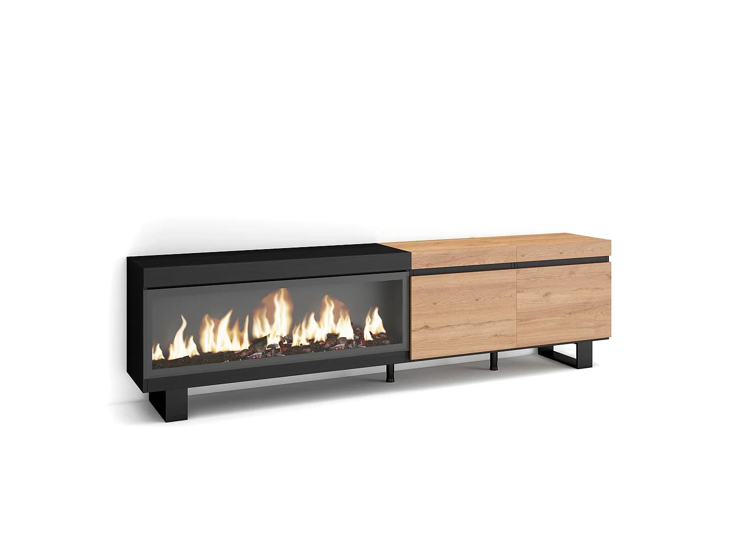 Meuble TV, Banc Télé, 208x35x57cm, Pour les TV jusqu'à 80", Cheminée électrique XXL, Design industriel, Chêne et noir